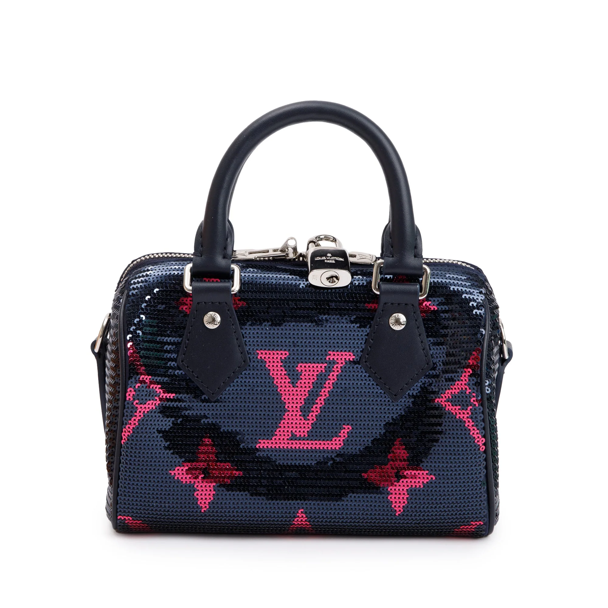 Louis Vuitton 2023 Navy Fuchsia Monogram Giant Sequins Speedy Bandouliere 18 w/ Strap & Box - Image 4