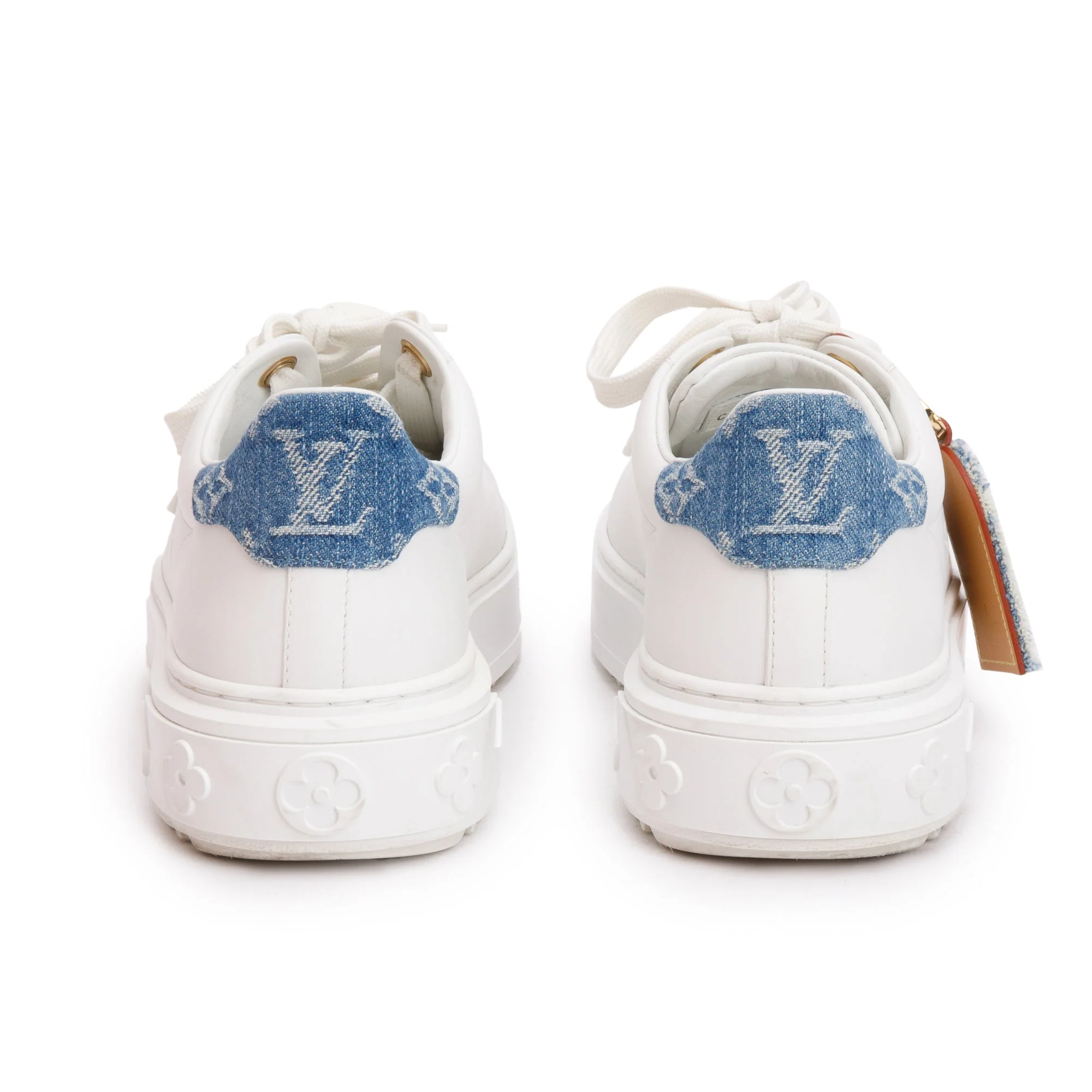 Louis Vuitton 2023 White Monogram Debosssed Leather Denim Trim Time Out Sneakers, Size 37 w/ Box - Image 5