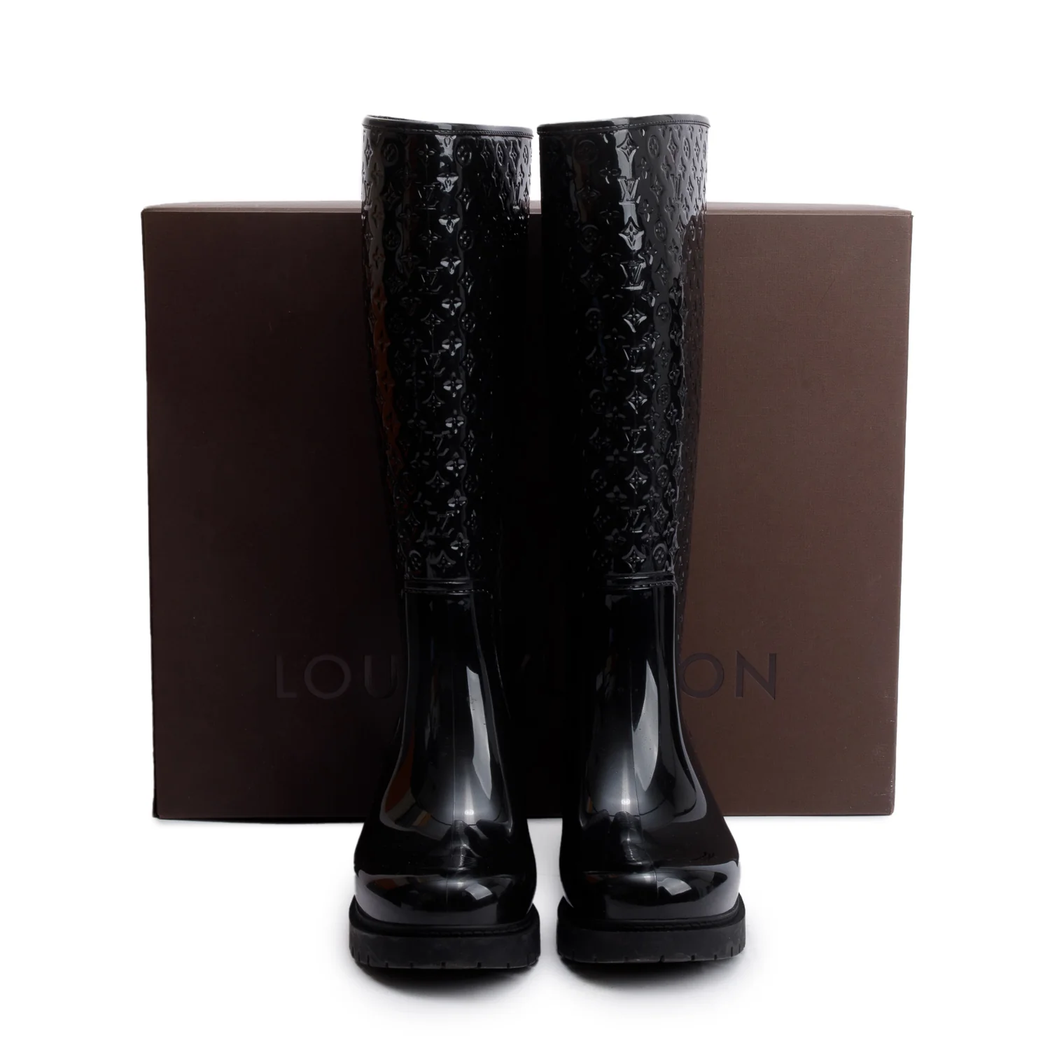 Louis Vuitton Black Monogram Rubber High Rain Boots, Size 36 w/ Box - Image 2