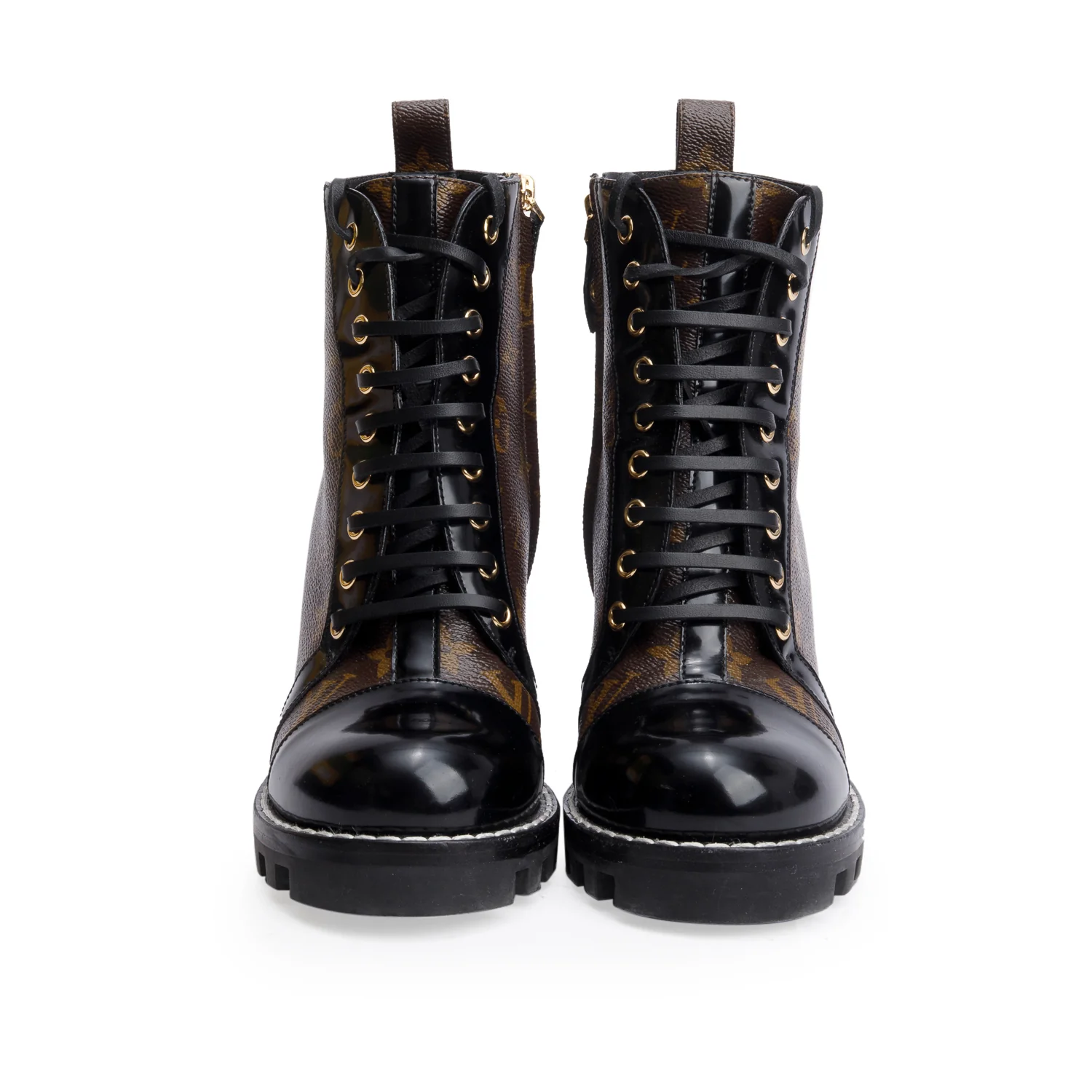 Louis Vuitton Black Patent Leather Monogram Trim Star Trail Ankle Boots, Size 38