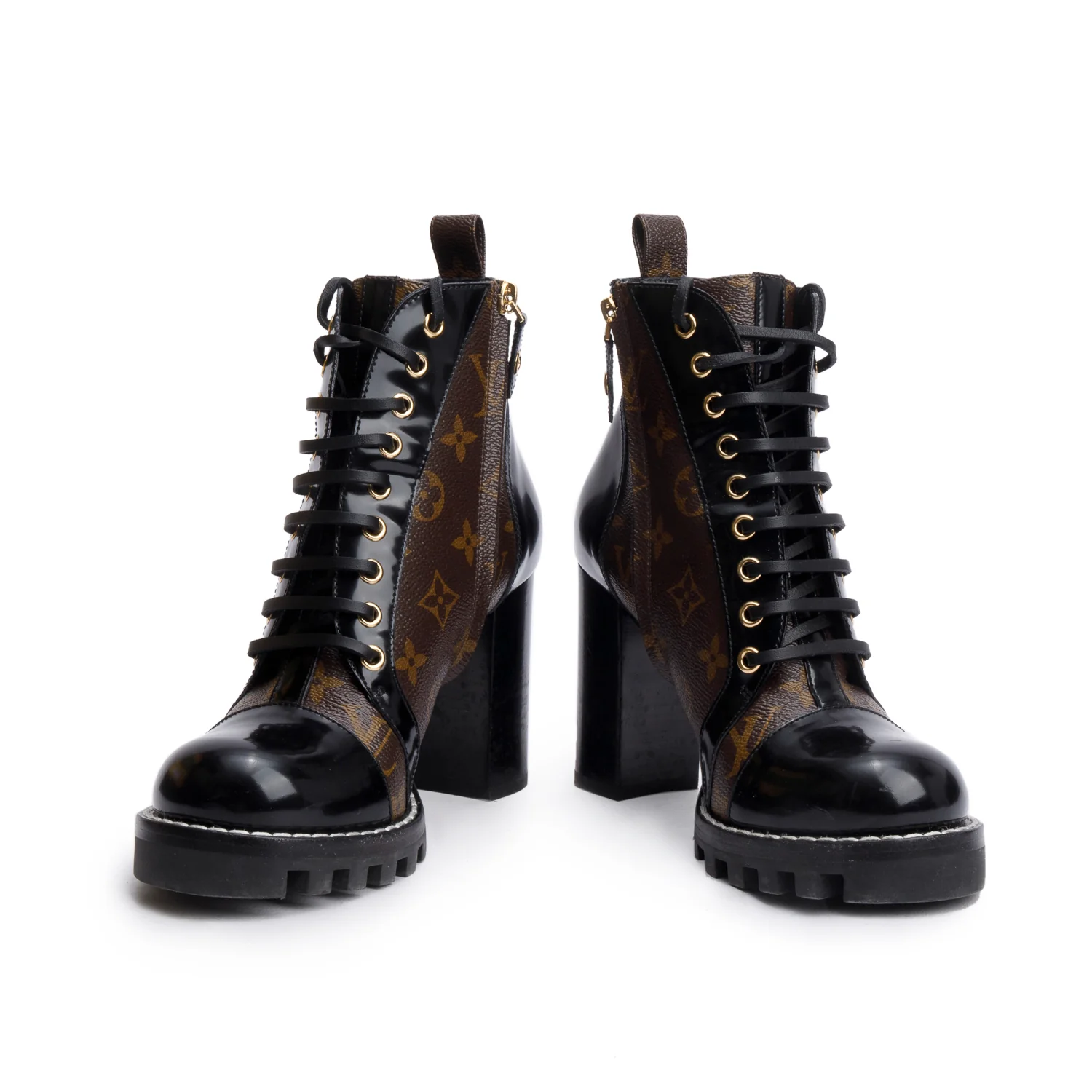 Louis Vuitton Black Patent Leather Monogram Trim Star Trail Ankle Boots, Size 38 - Image 2