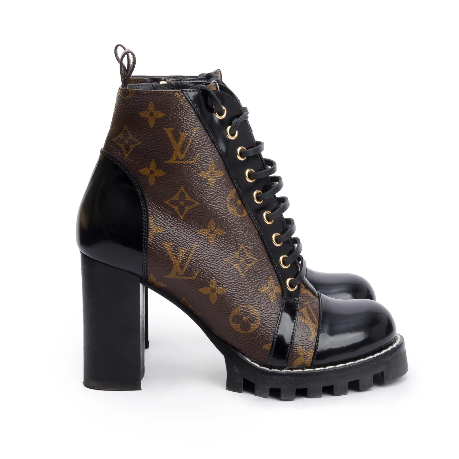 Louis Vuitton Black Patent Leather Monogram Trim Star Trail Ankle Boots, Size 38 - Image 3