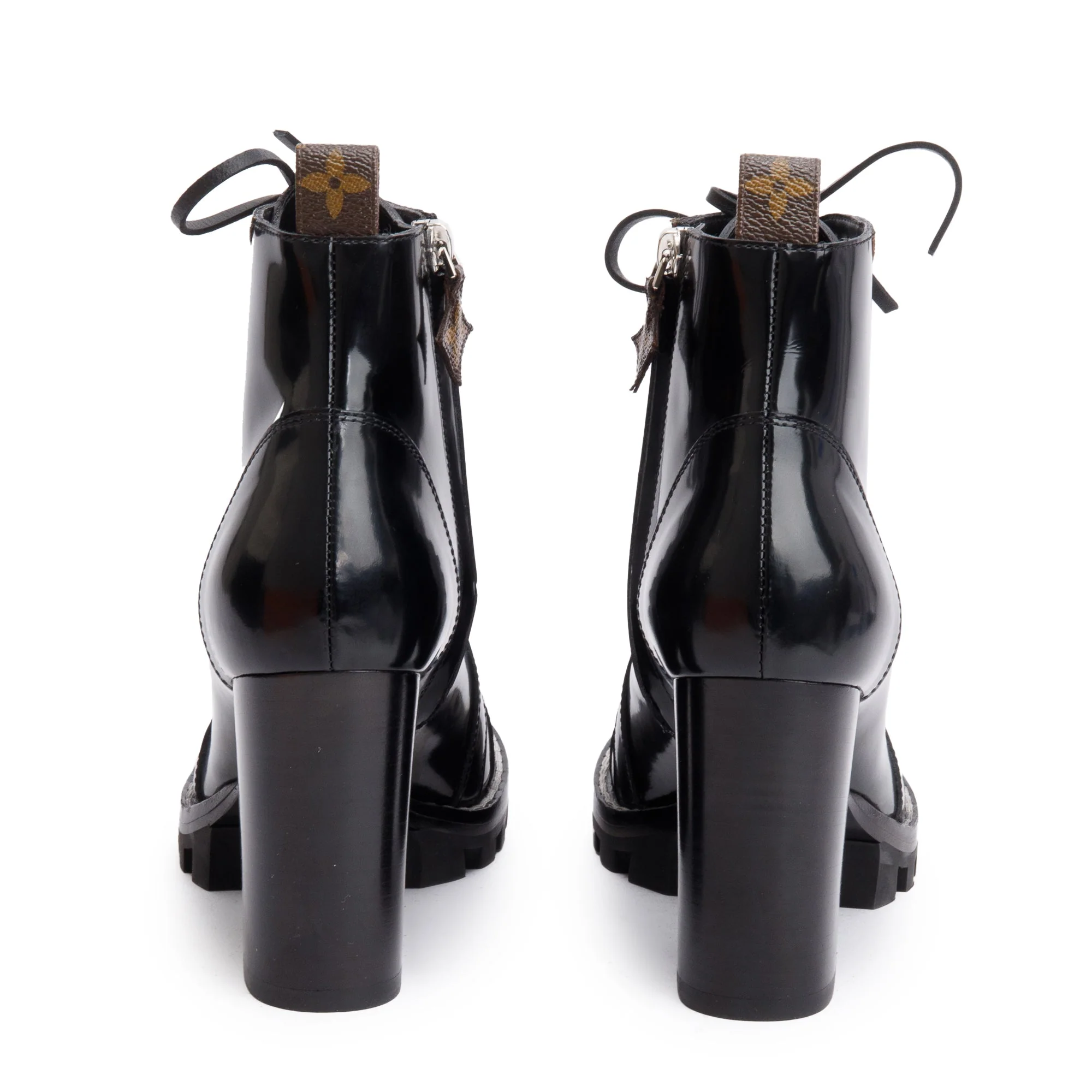 Louis Vuitton Black Patent Leather Monogram Trim Star Trail Combat Boots, Size 7.5 w/ Box & Receipt - Image 6