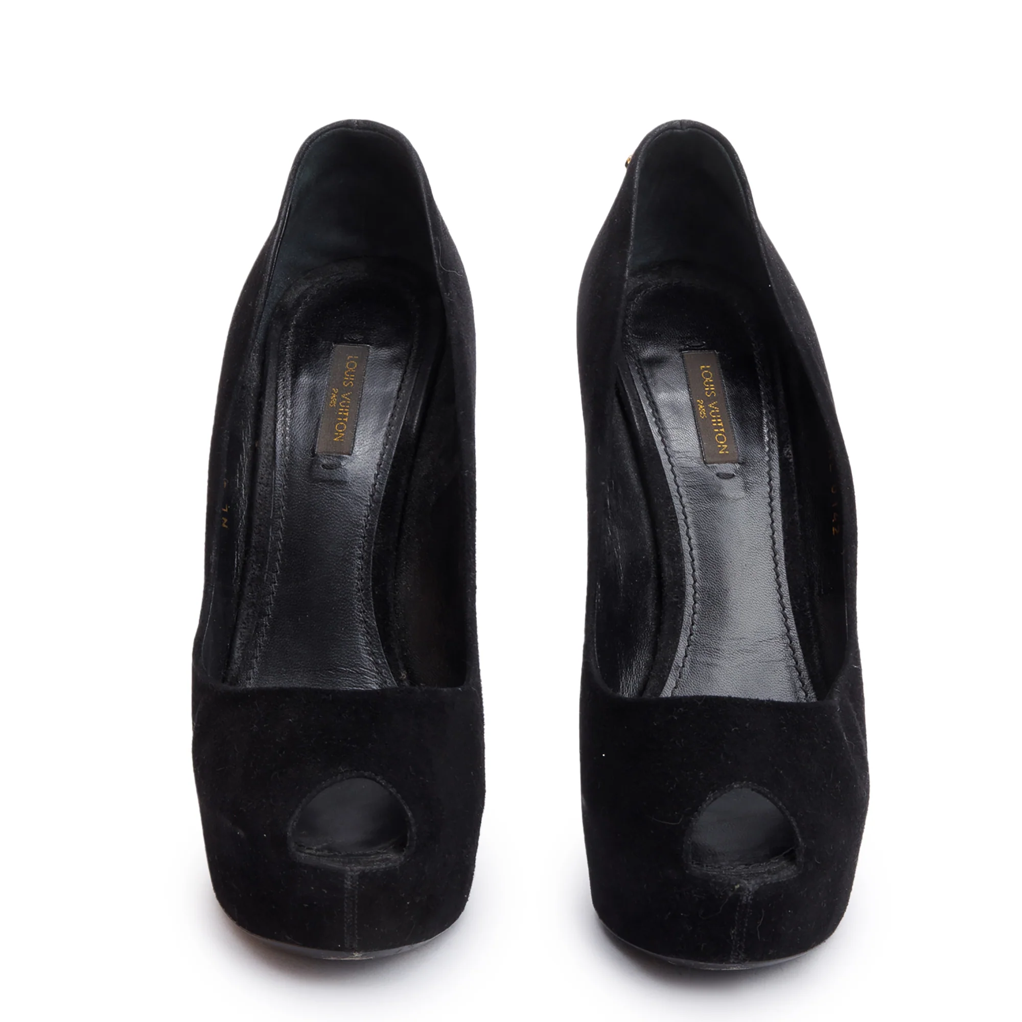 Louis Vuitton Black Suede Gold Heel Oh Really Peep Toe Pumps, Size 40