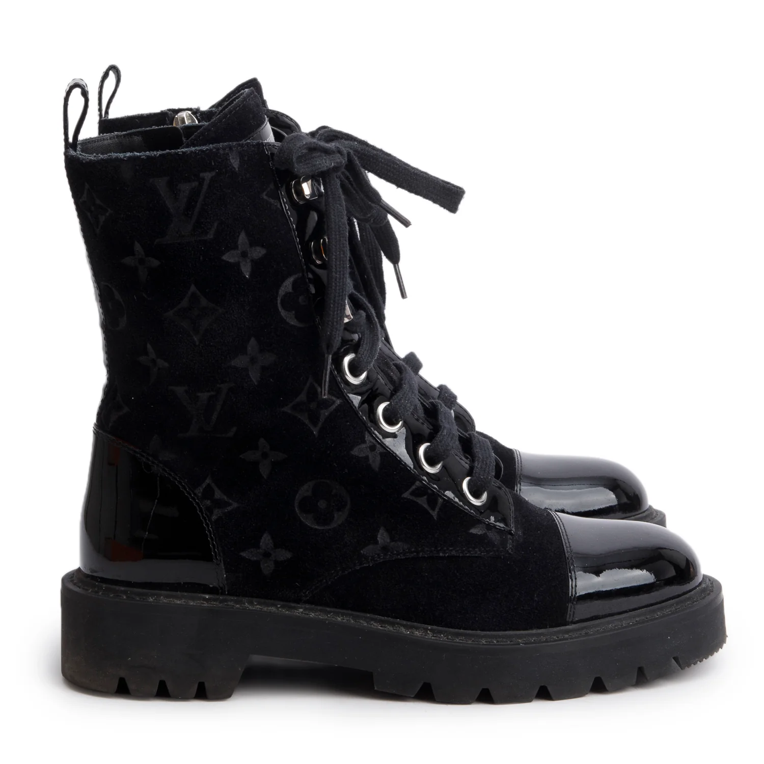 Louis Vuitton Black Suede Patent Leather Monogram Citizen Flat Ranger Boots, Siz3e 37.5 w/ Box - Image 3