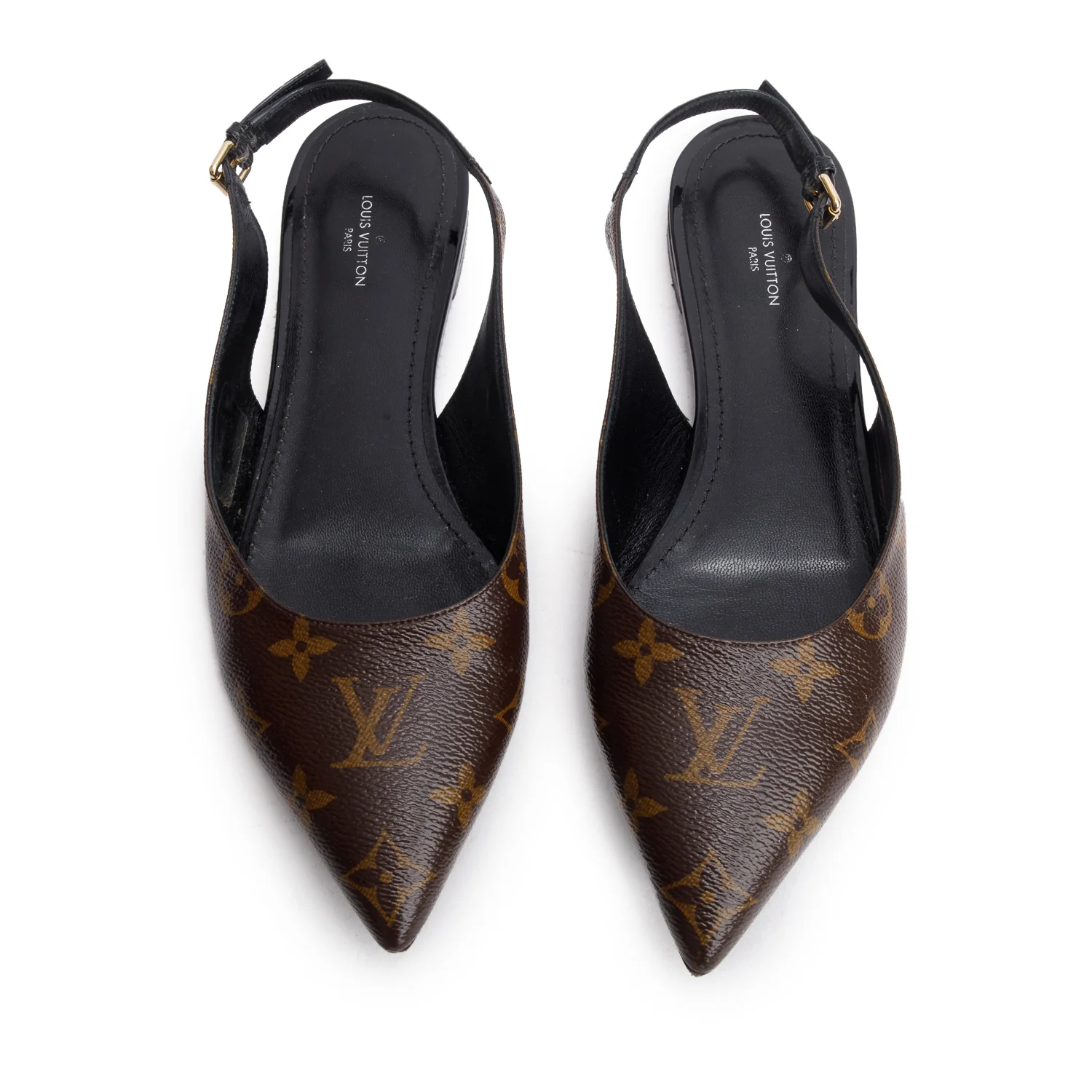 Louis Vuitton Brown Patent Leather Monogram Slingback Flat, Size 40 w/ Box