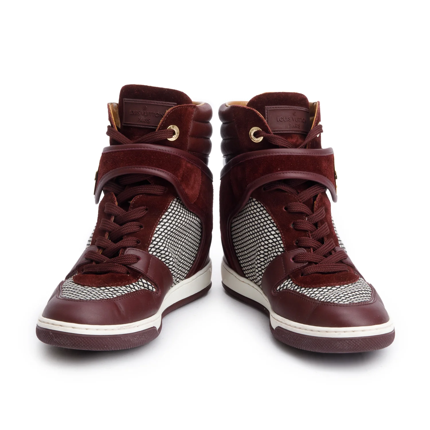 Louis Vuitton Burgundy Suede/Leather Postmark Wedge High-Top Sneakers, Size 37.5 w/ Box & Receipt - Image 4