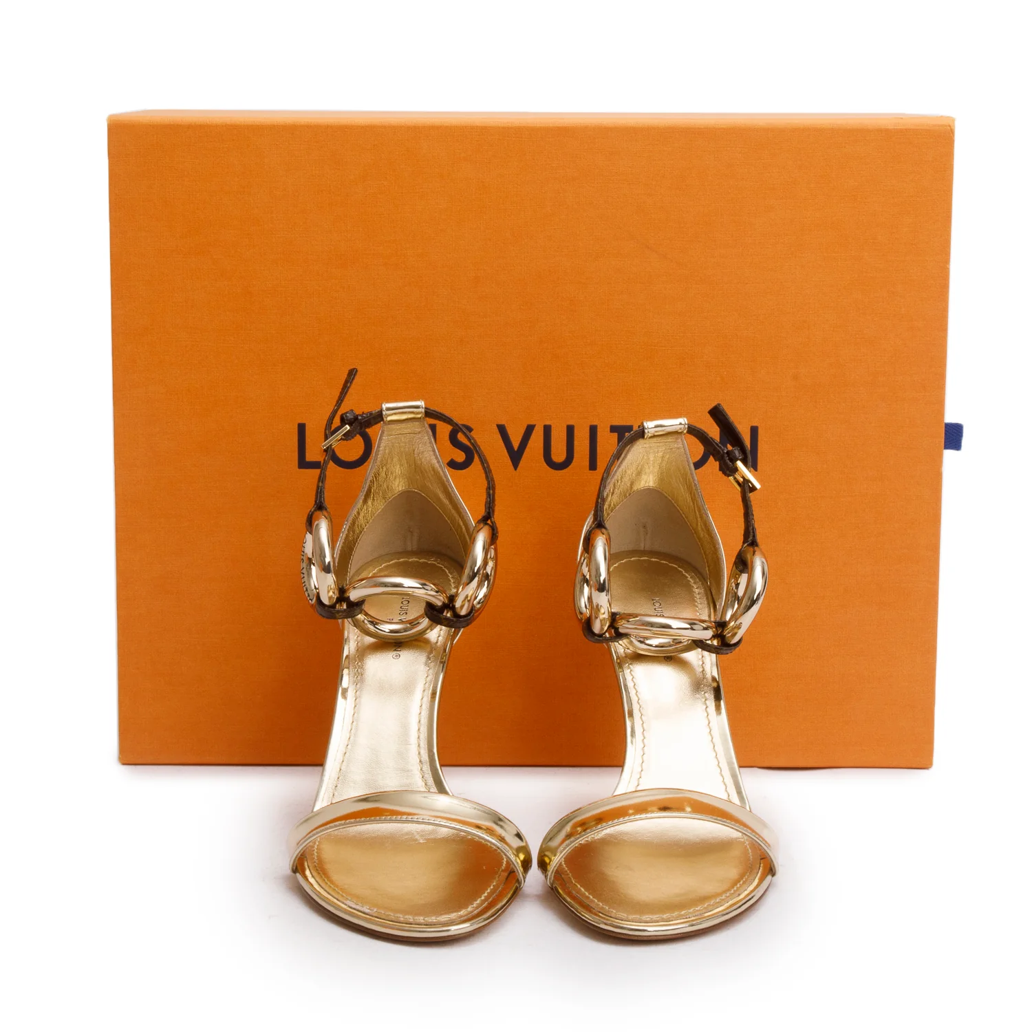 Louis Vuitton Gold Patent Leather Monogram Vedette Sandals w/ Box & Receipt, Size 39 - Image 2
