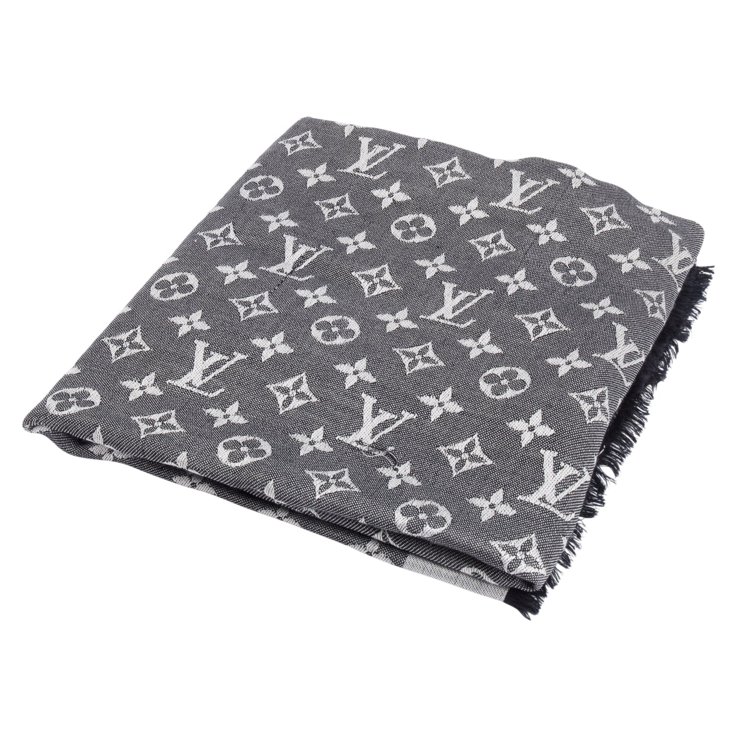 Louis Vuitton Grey/ Black Monogram Denim Shine Shawl Scarf w/ Box - Image 4