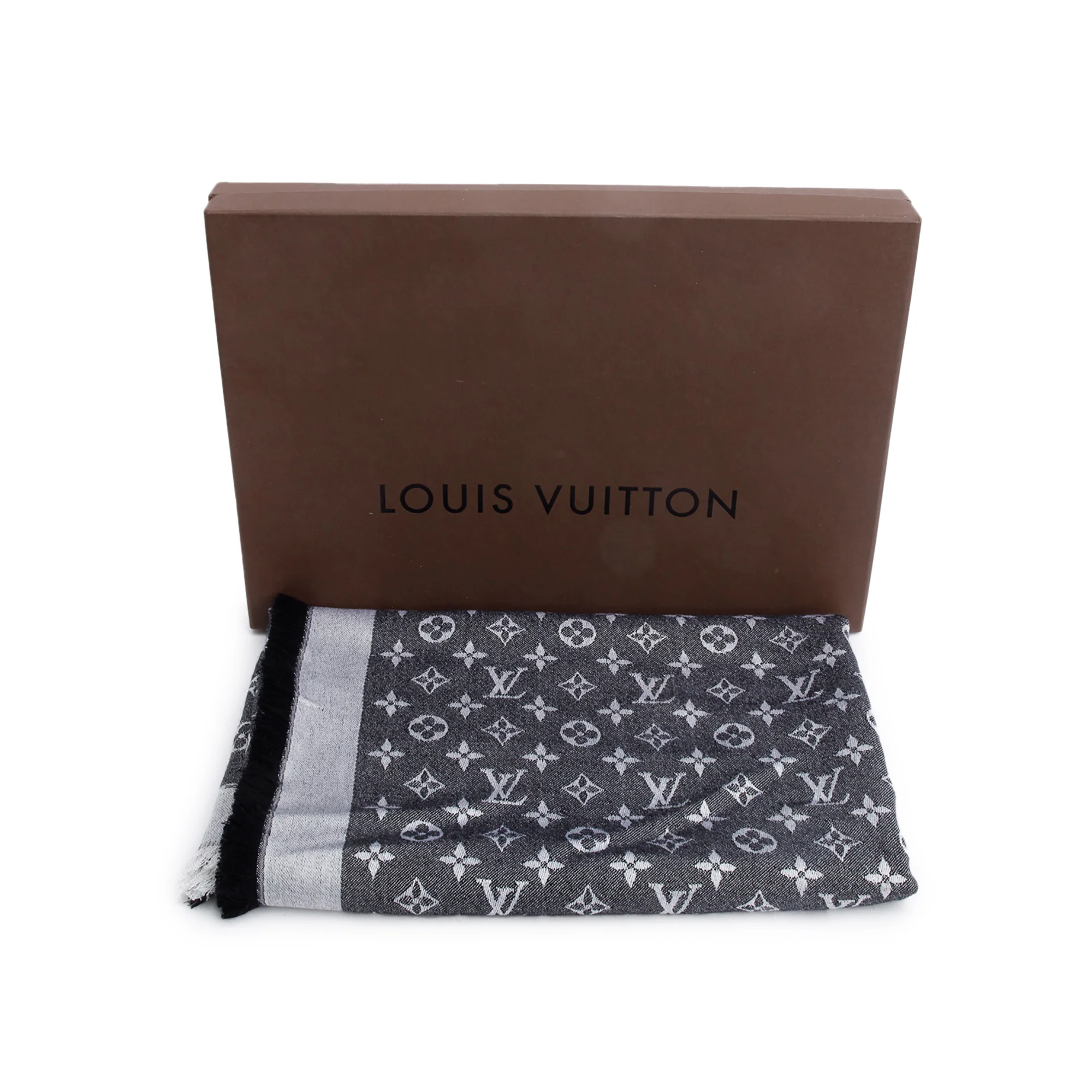 Louis Vuitton Grey/Black Monogram Denim Shine Shawl Scarf w/ Box - Image 3