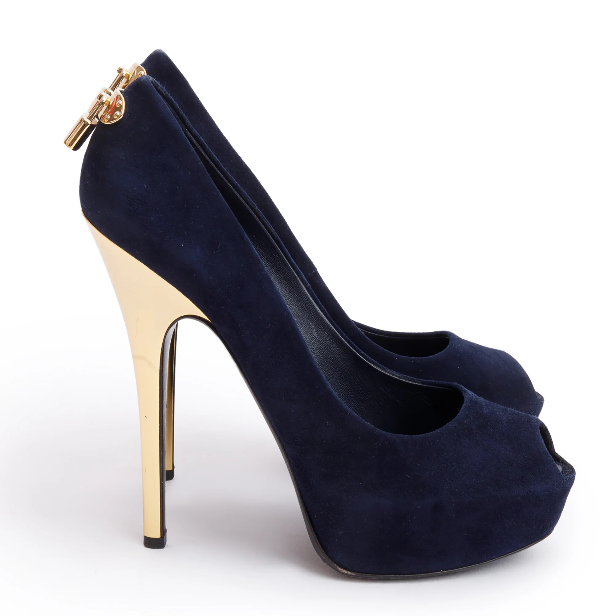 Louis Vuitton Navy Suede Gold Heel Oh Really Peep Toe Pumps, Size 41 - Image 2
