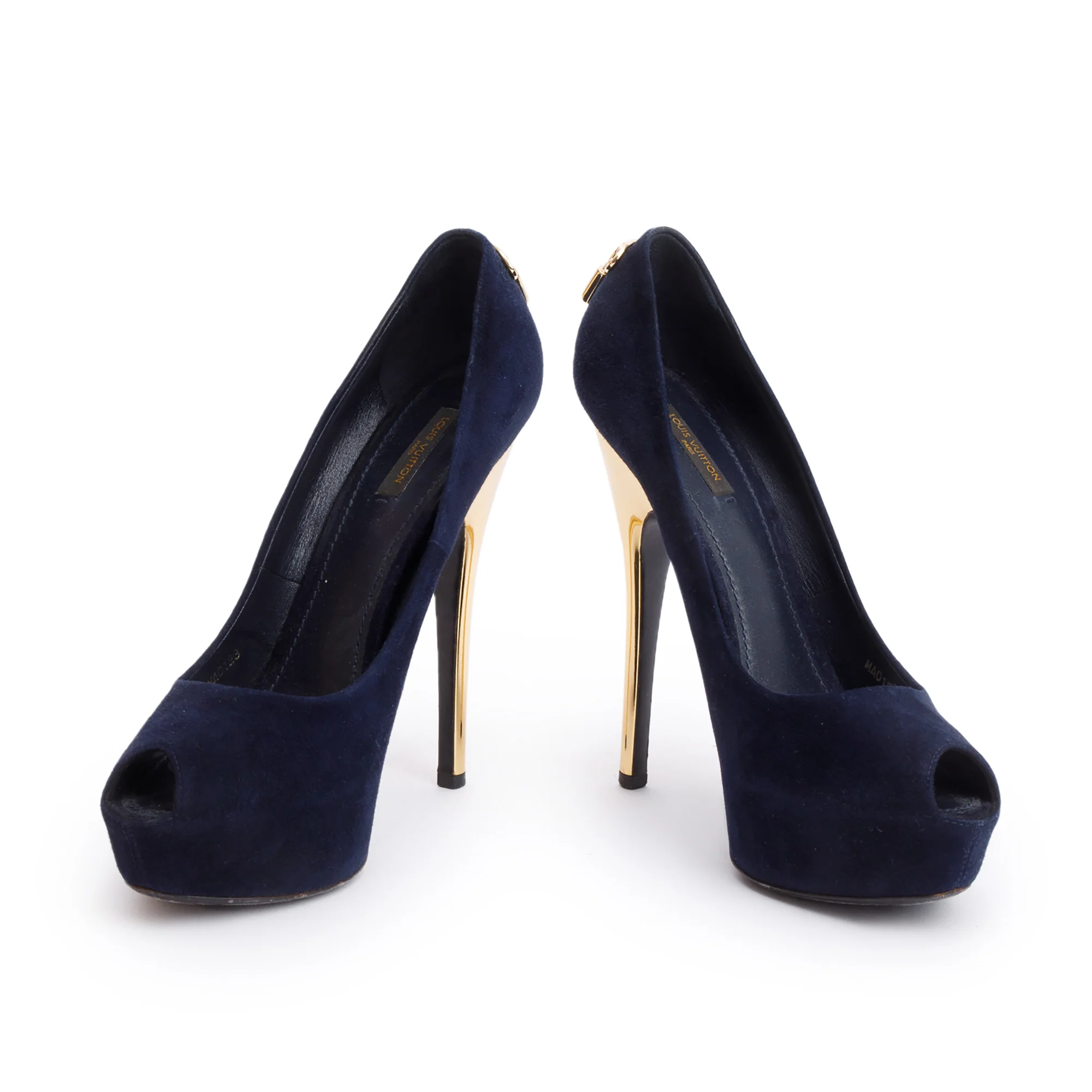 Louis Vuitton Navy Suede Gold Heel Oh Really Peep Toe Pumps, Size 41 - Image 3