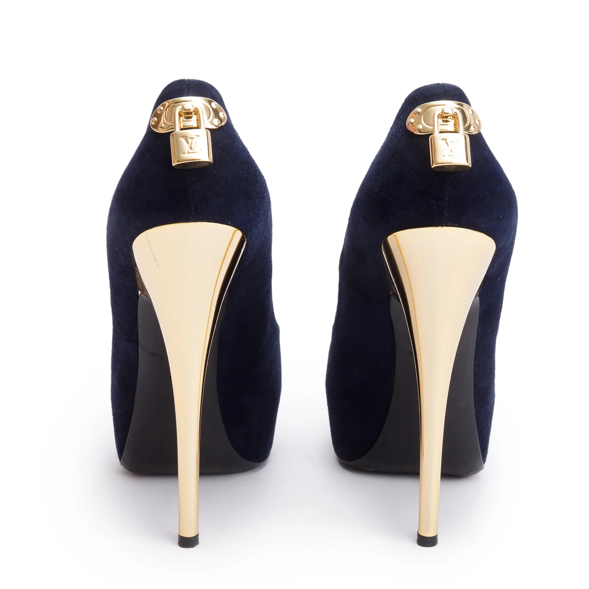 Louis Vuitton Navy Suede Gold Heel Oh Really Peep Toe Pumps, Size 41 - Image 4