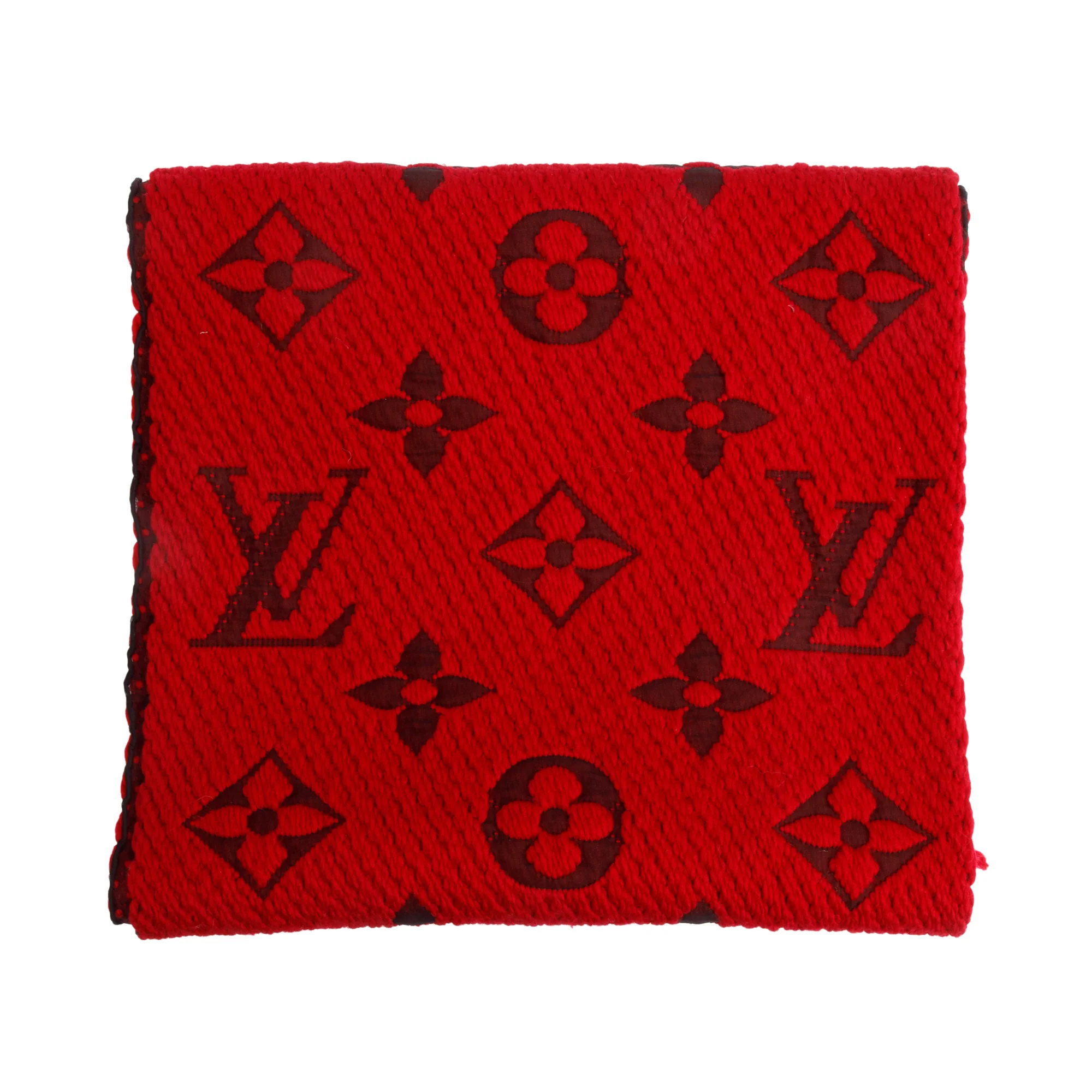 Louis Vuitton Red Monogram Logomania Wool Silk Scarf w/ Box