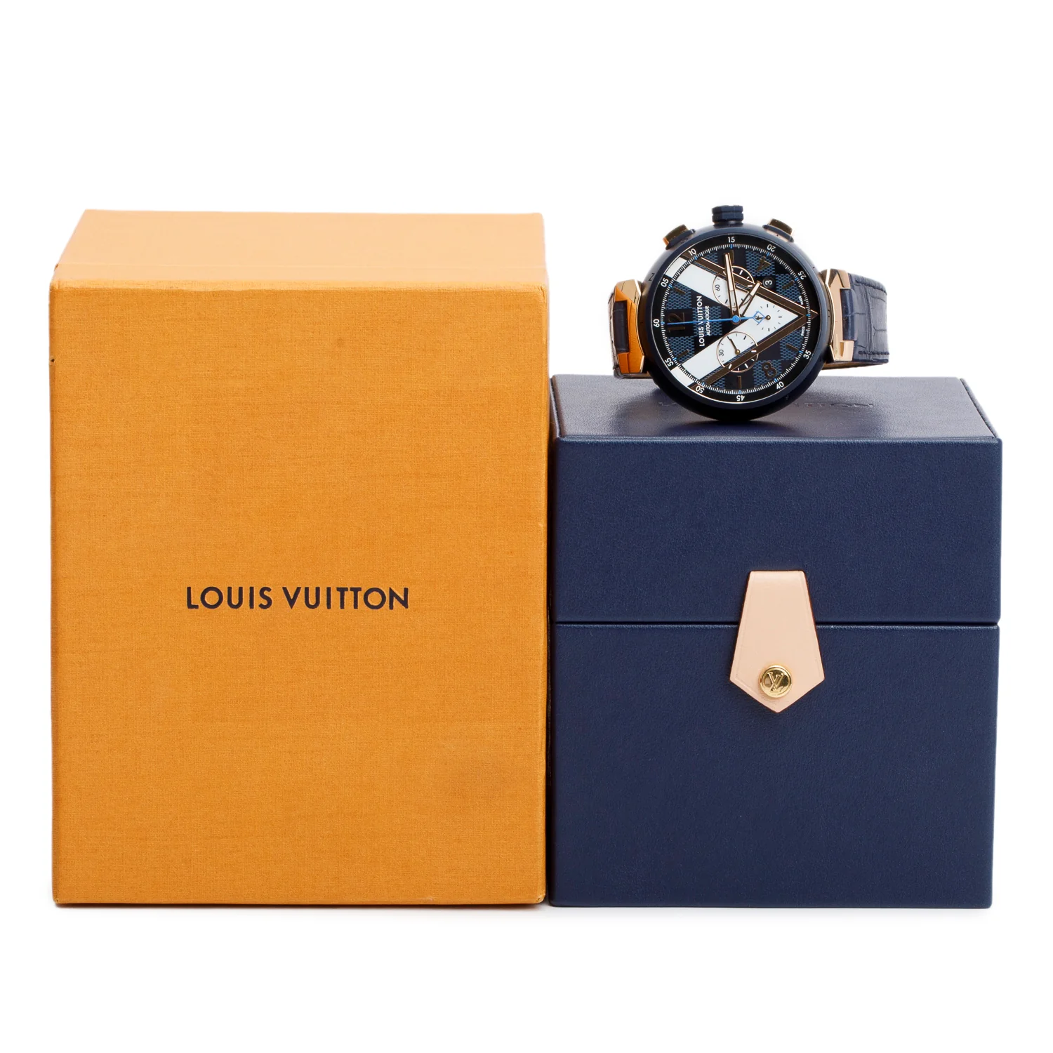 Louis Vuitton Rose Gold Plated Stainless Steel & Blue PVD Tambour 46 MM Automatic Chronograph Watch Damier Cobalt V Dial QA090 w/ Box - Image 2