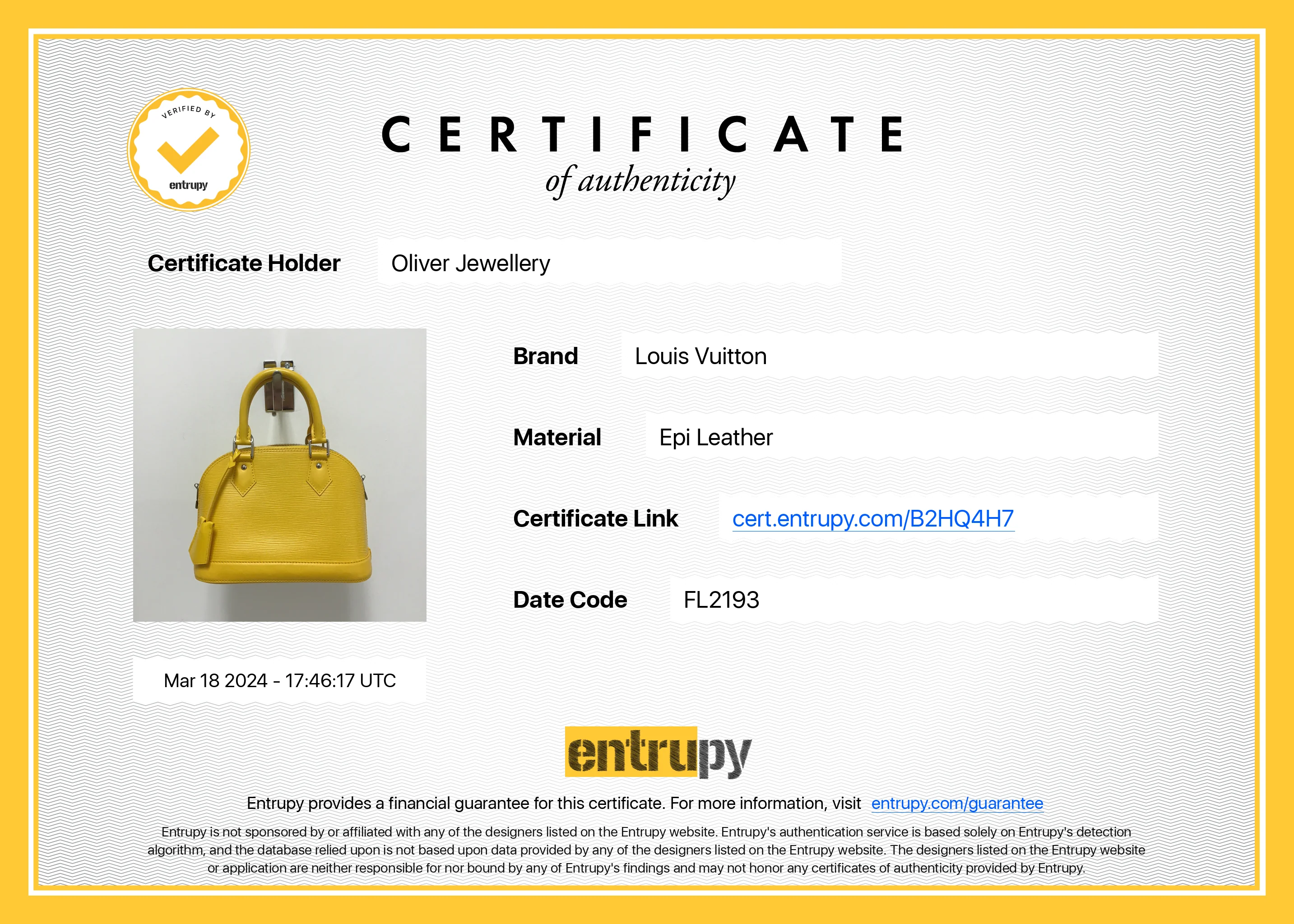 Louis Vuitton Yellow Epi Leather Alma BB w/ Box & Receipt - Image 13