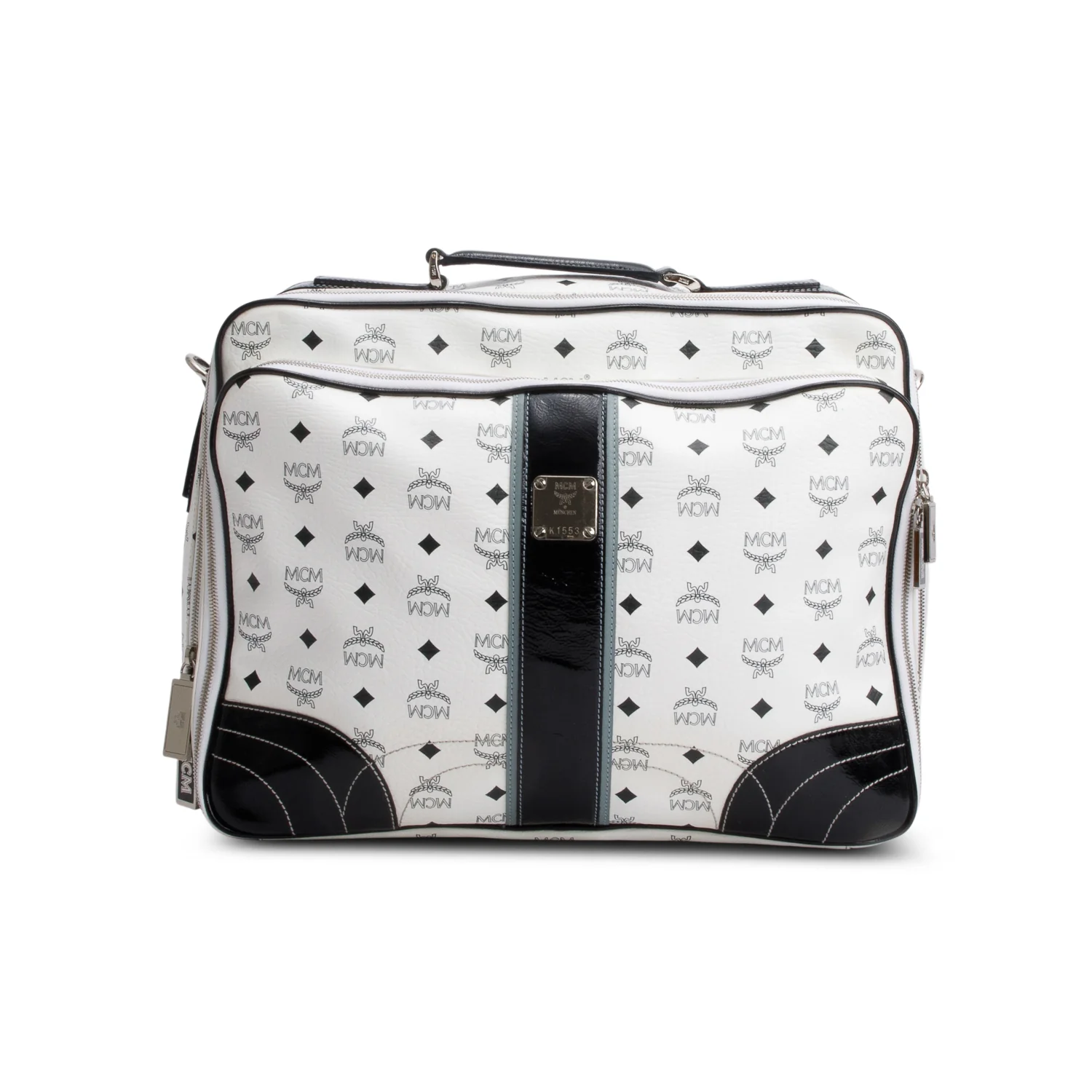 MCM Black/White Canvas Suitcase Work Bag w/ Strap - Image 3