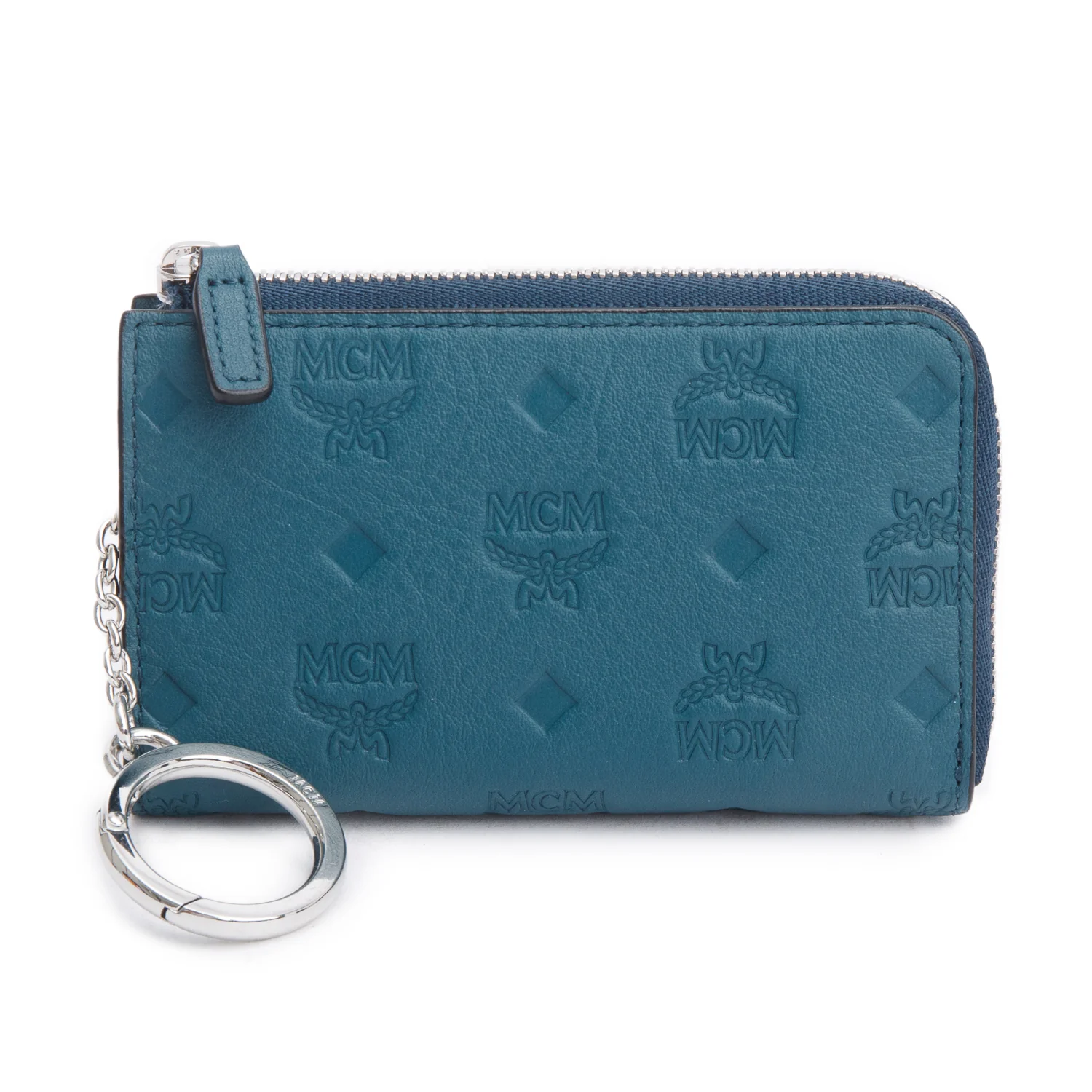MCM Blue Monogram Embossed Leather Klara Zip Wallet