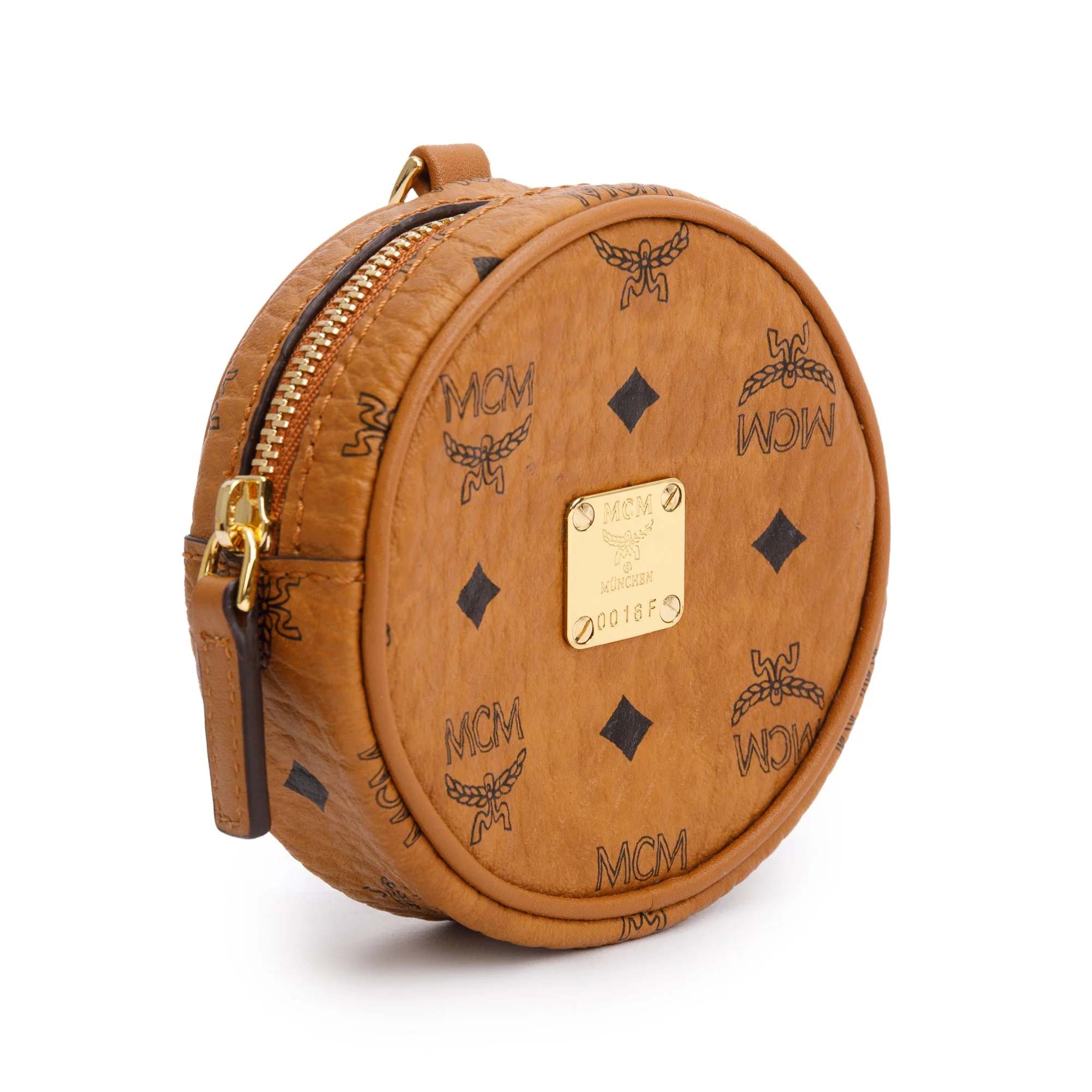 MCM Cognac Visetos Round Coin Pouch Key Ring Crossbody Bag w/ Strap - Image 3