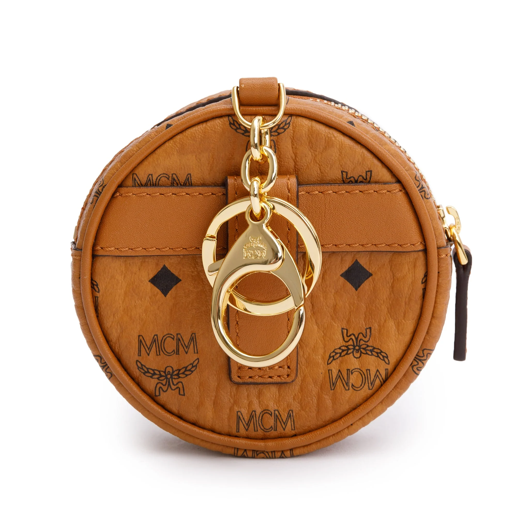 MCM Cognac Visetos Round Coin Pouch Key Ring Crossbody Bag w/ Strap - Image 4