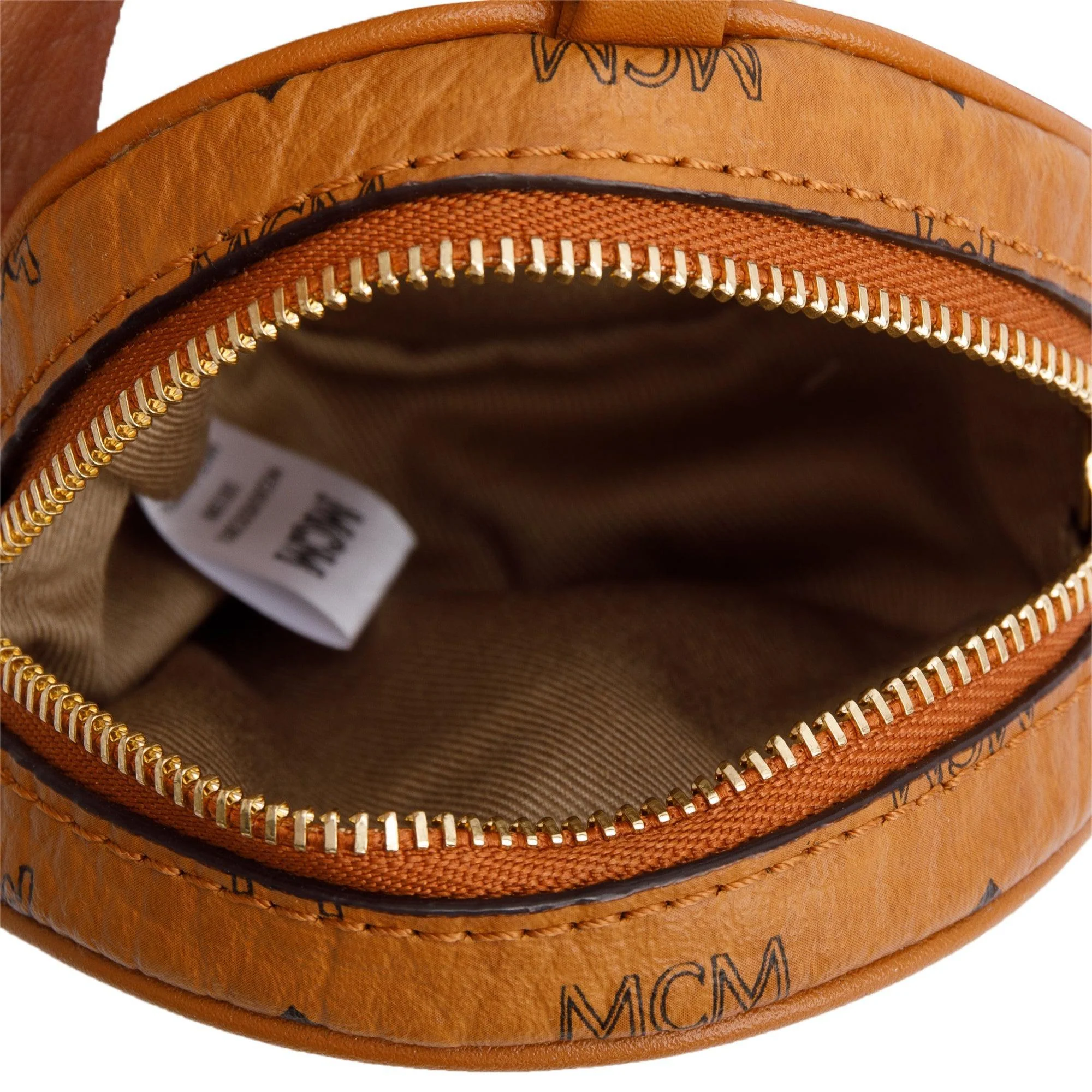 MCM Cognac Visetos Round Coin Pouch Key Ring Crossbody Bag w/ Strap - Image 5
