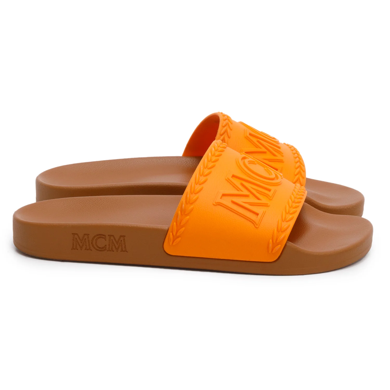 MCM Orange/Tan Rubber Logo Pool Slides, Size 39 - Image 2