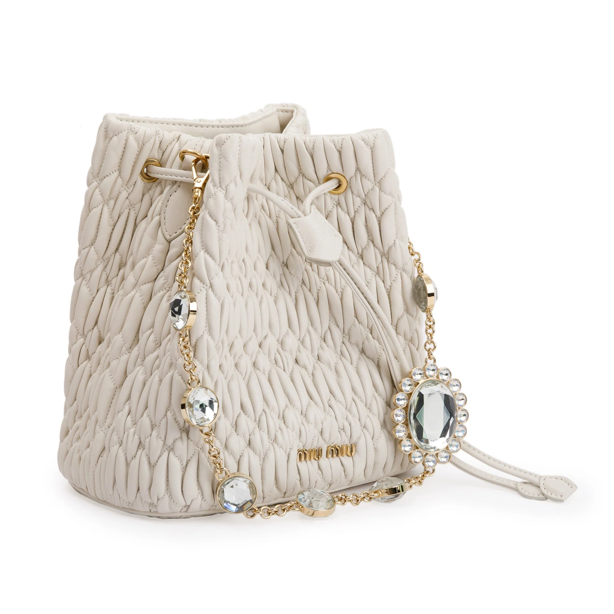Miu Miu 2020 White Matelasse Nappa Crystal Drawstring Bucket Bag w/ Strap & Authenticity Card - Image 4