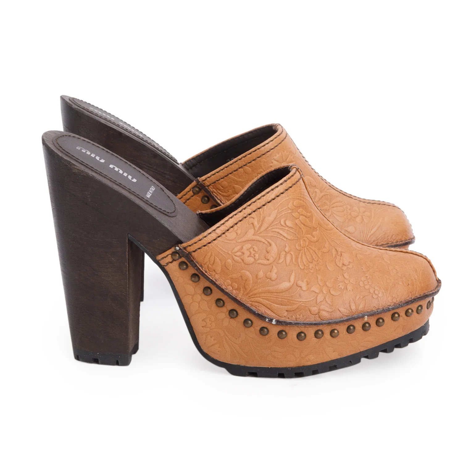 Miu Miu Brown Floral Embossed Leather Wooden Platform Clogs, Size 39 - Image 2