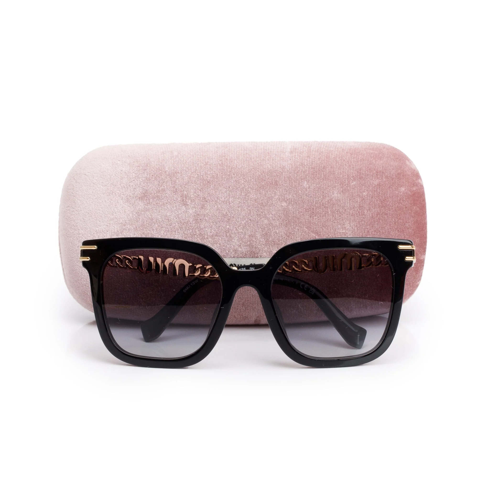 Miu Miu SMU 13W Black Acetate Logo Chain Accent Oversized Square Sunglasses w/ Case - Image 2