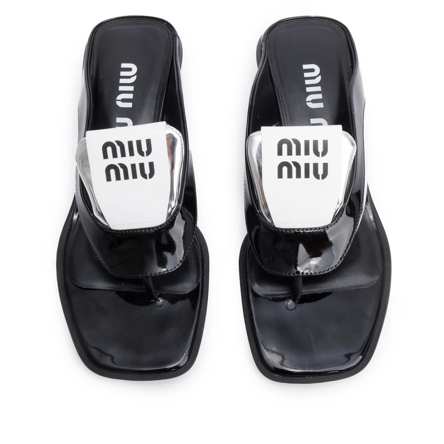 Miu Miu White Black Patent Leather Front Logo Soccer Thong Sandals, Size 35.5 - Image 2