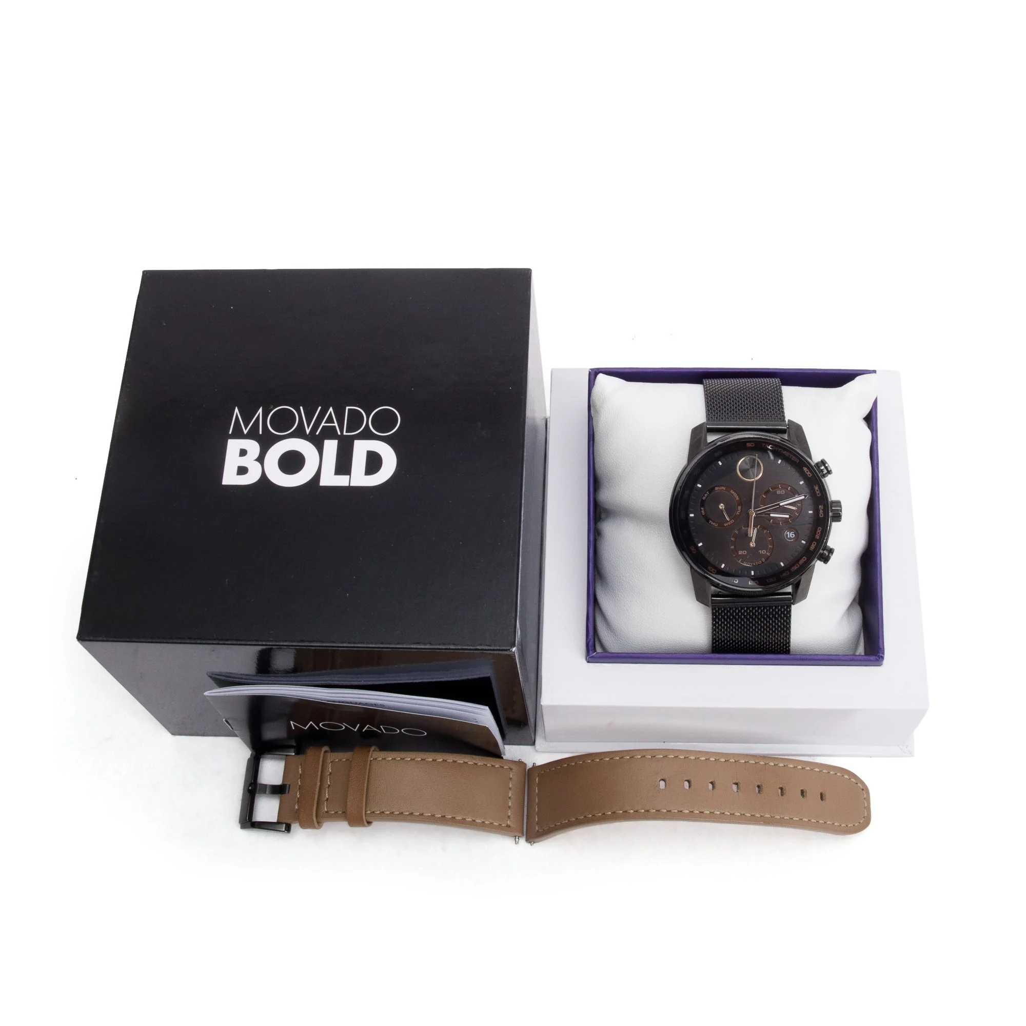 Movado Black PVD Plated Stainless Steel Bold 44 MM Chronograph Quartz Watch w/ Box & Extra Strap - Image 2