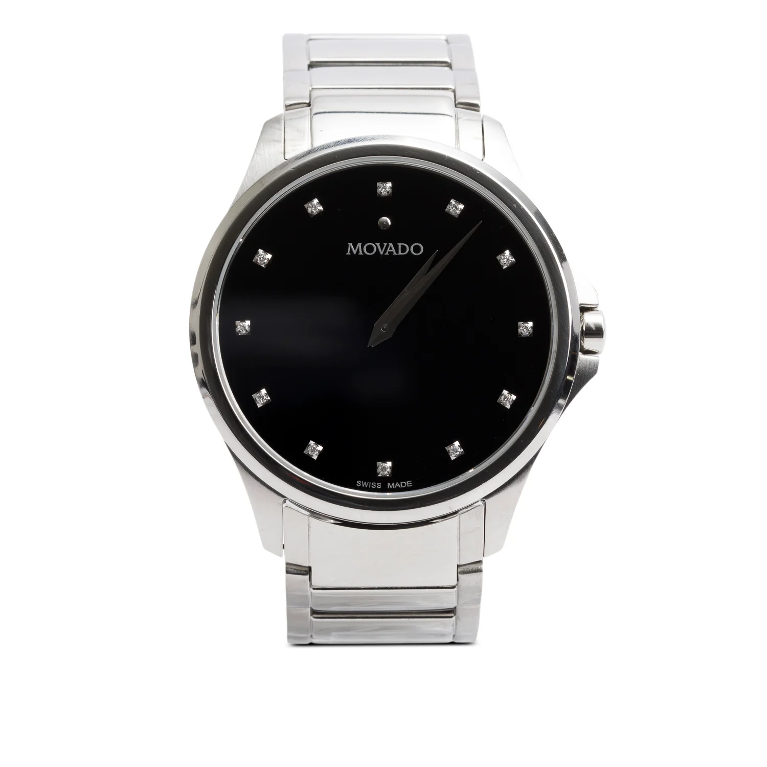 Movado Stainless Steel Masino 40 MM Quartz Watch Black Diamond Dial w/ Box