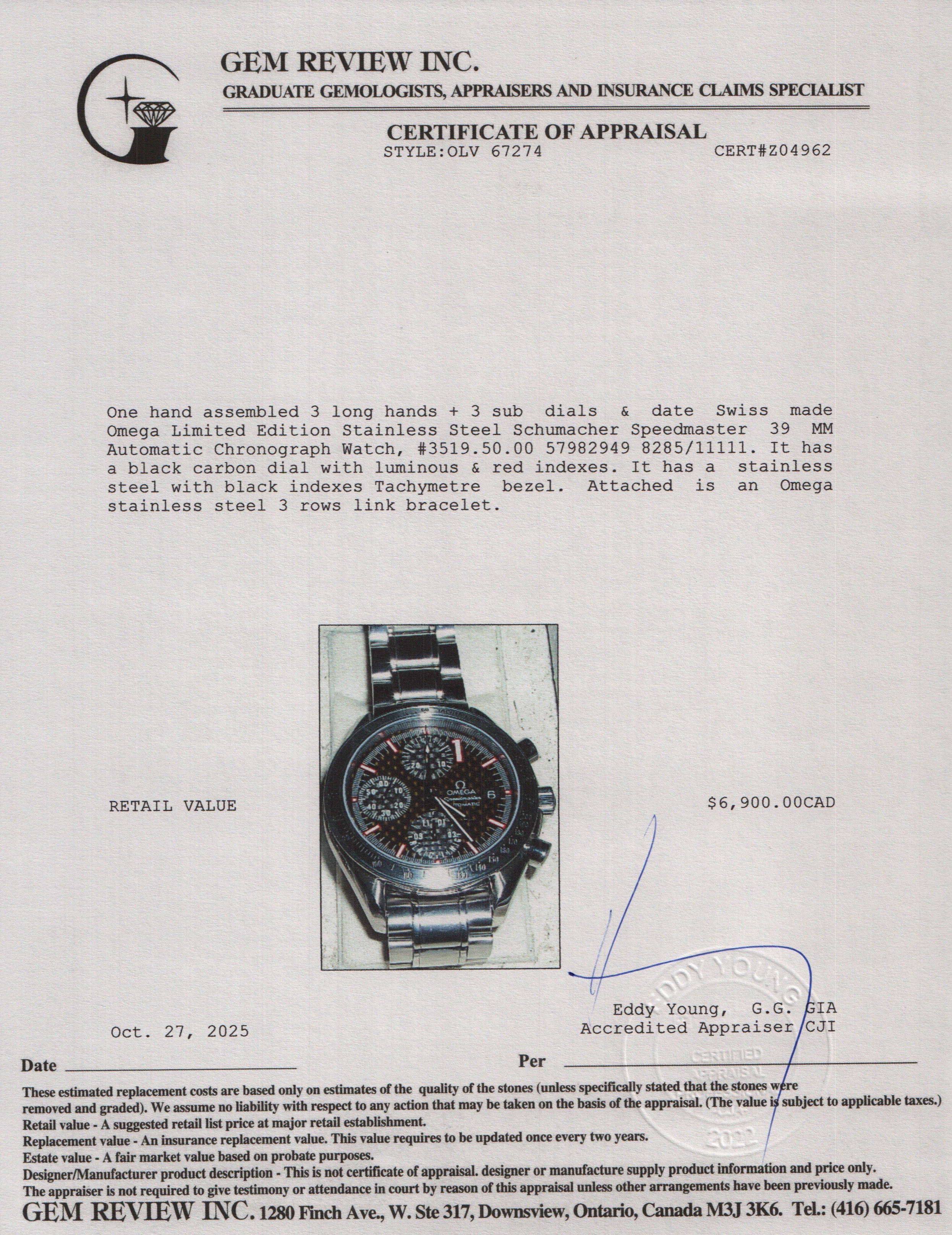 Omega Limited Edition Stainless Steel Schumacher Speedmaster 39 MM Automatic Chronograph Watch Black Carbon Dial - Image 5