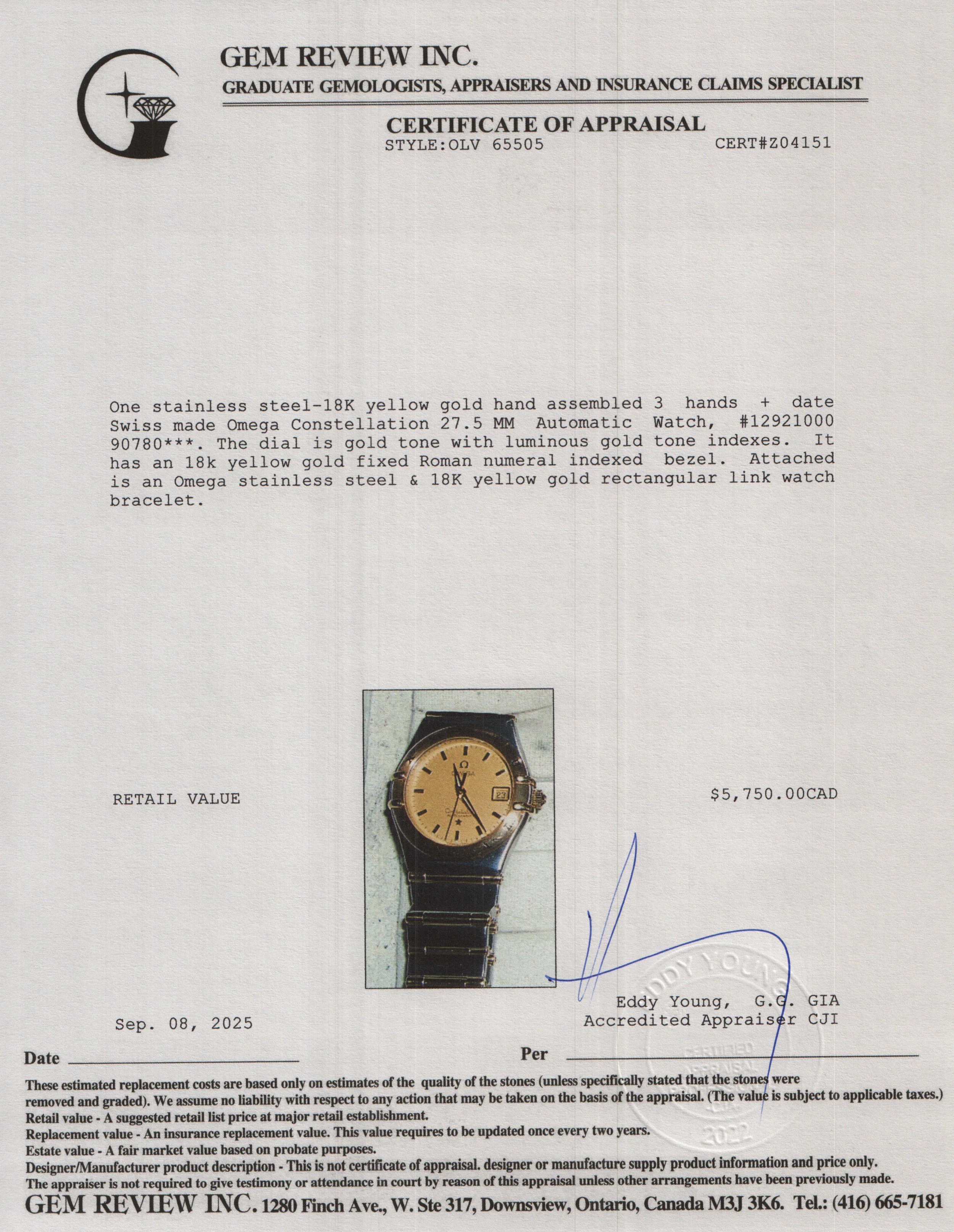 Omega Stainless Steel & 18k Yellow Gold Constellation 27.5 MM Automatic Watch w/ Papers - Image 6