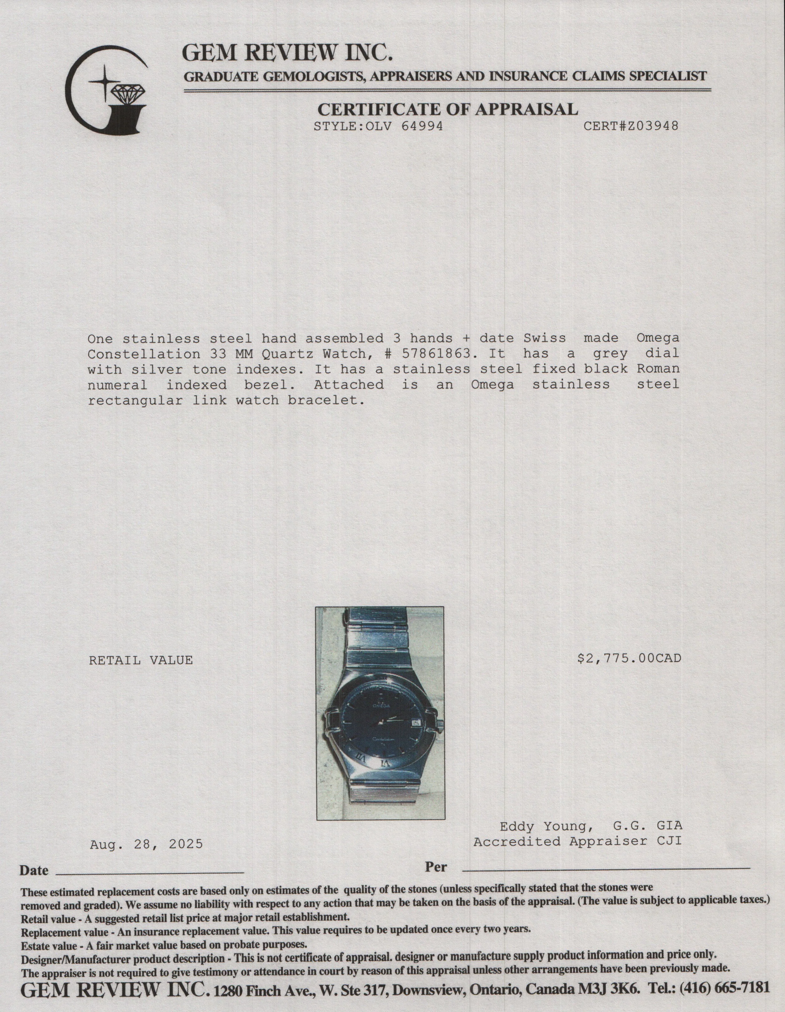 Omega Stainless Steel Constellation 33 MM Quartz Watch Grey Dial - Image 5