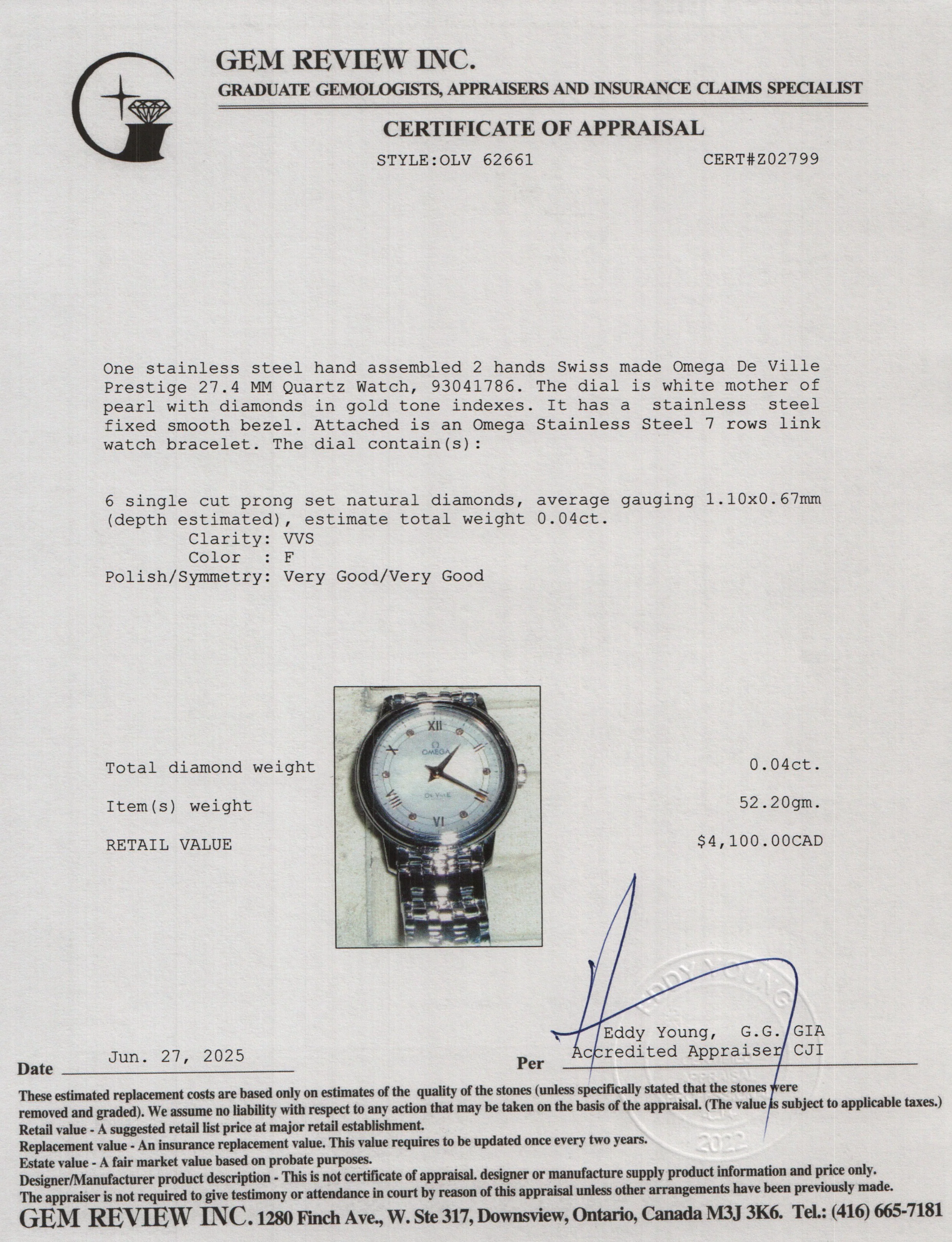 Omega Stainless Steel De Ville Prestige 27.4 MM Quartz Watch Mother of Pearl Diamond Dial w/ Box & Papers - Image 6