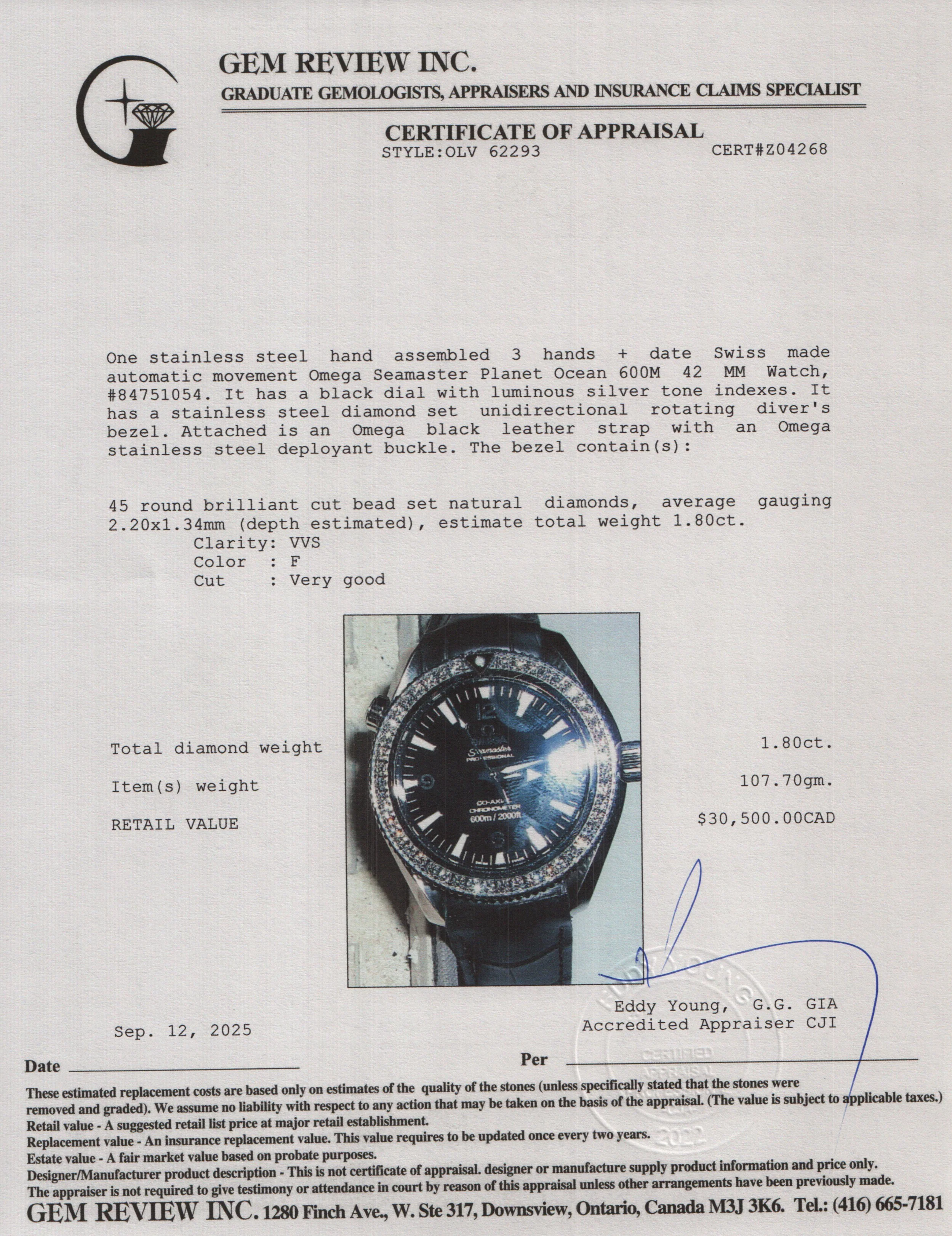Omega Stainless Steel Diamond Bezel Seamaster Planet Ocean 600M 42 MM Watch w/ Box & Papers - Image 6