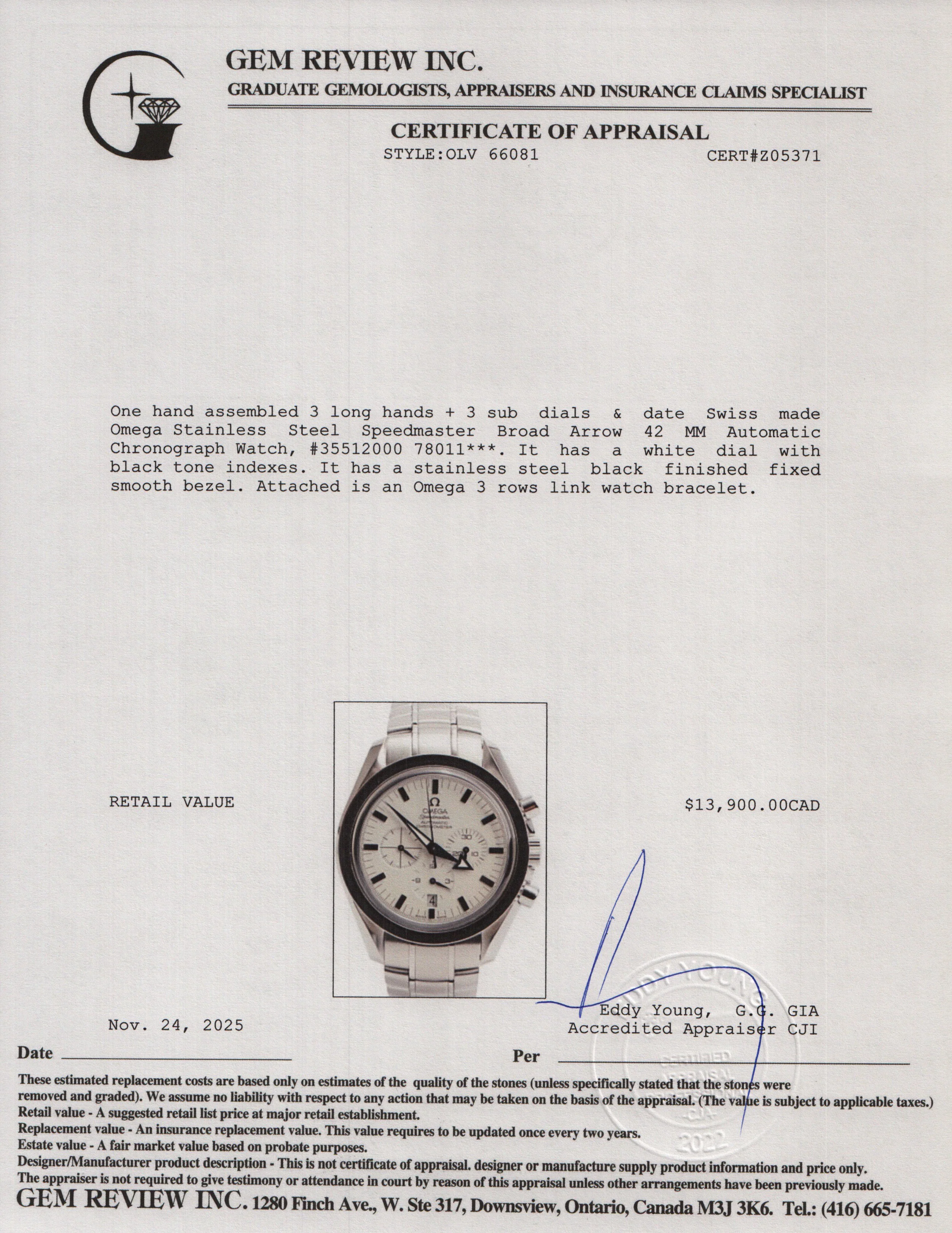 Omega Stainless Steel Speedmaster Broad Arrow 42 MM Automatic Chronograph Watch White Dial w/ Box & Papers - Image 6