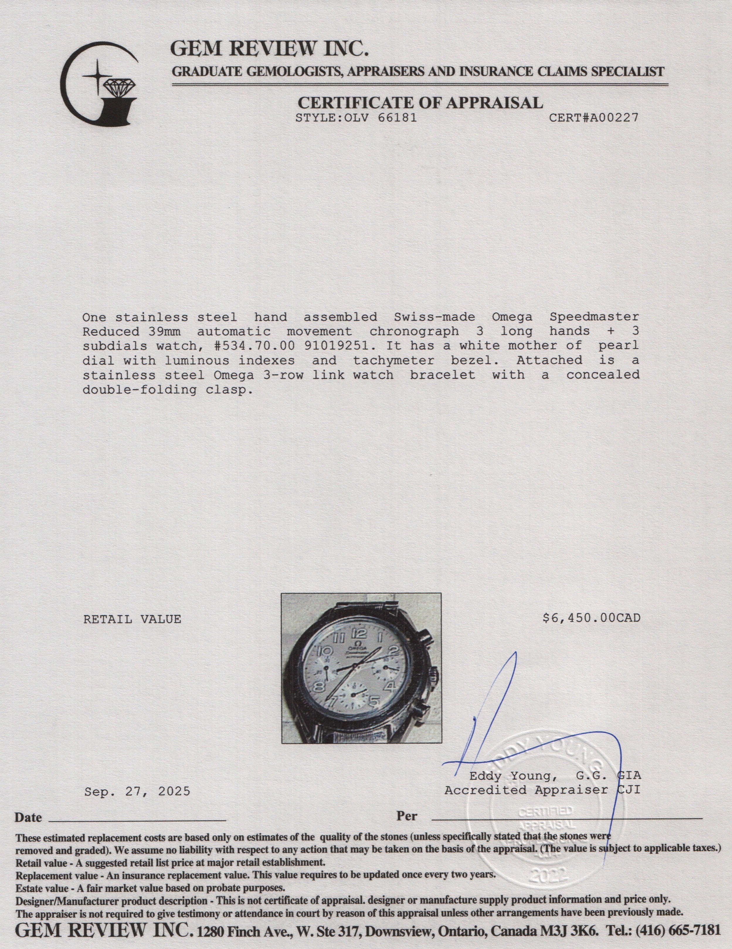 Omega Stainless Steel Speedmaster Reduced 39 MM Automatic Chronograph Watch Mother of Pearl Dial - Image 5