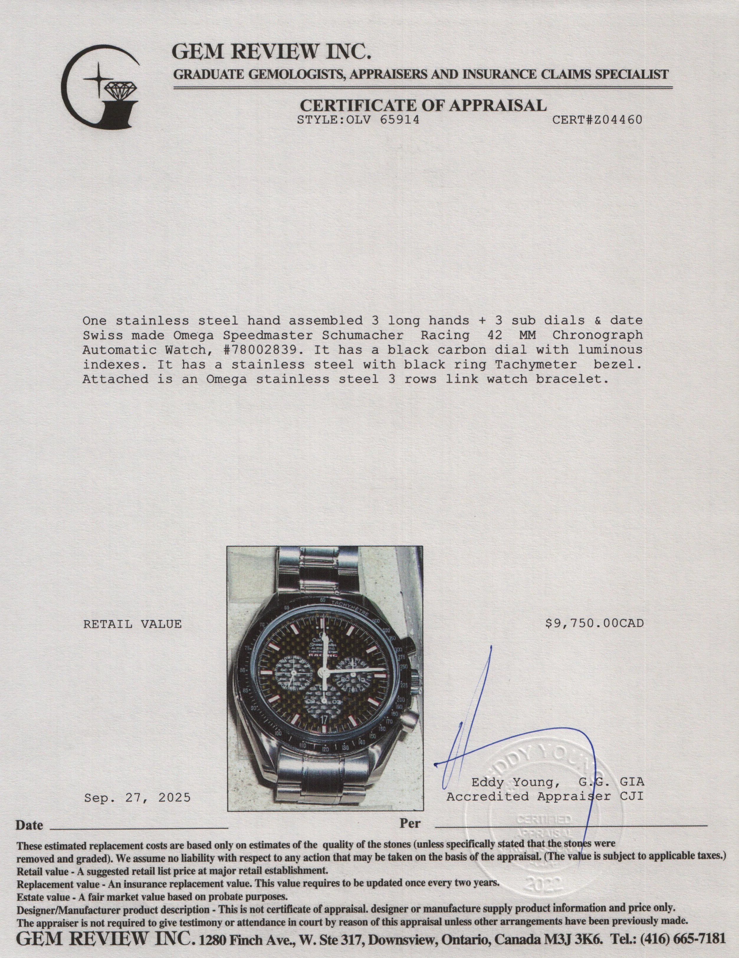 Omega Stainless Steel Speedmaster Schumacher Racing 42 MM Chronograph Automatic Watch Black Carbon Dial - Image 5