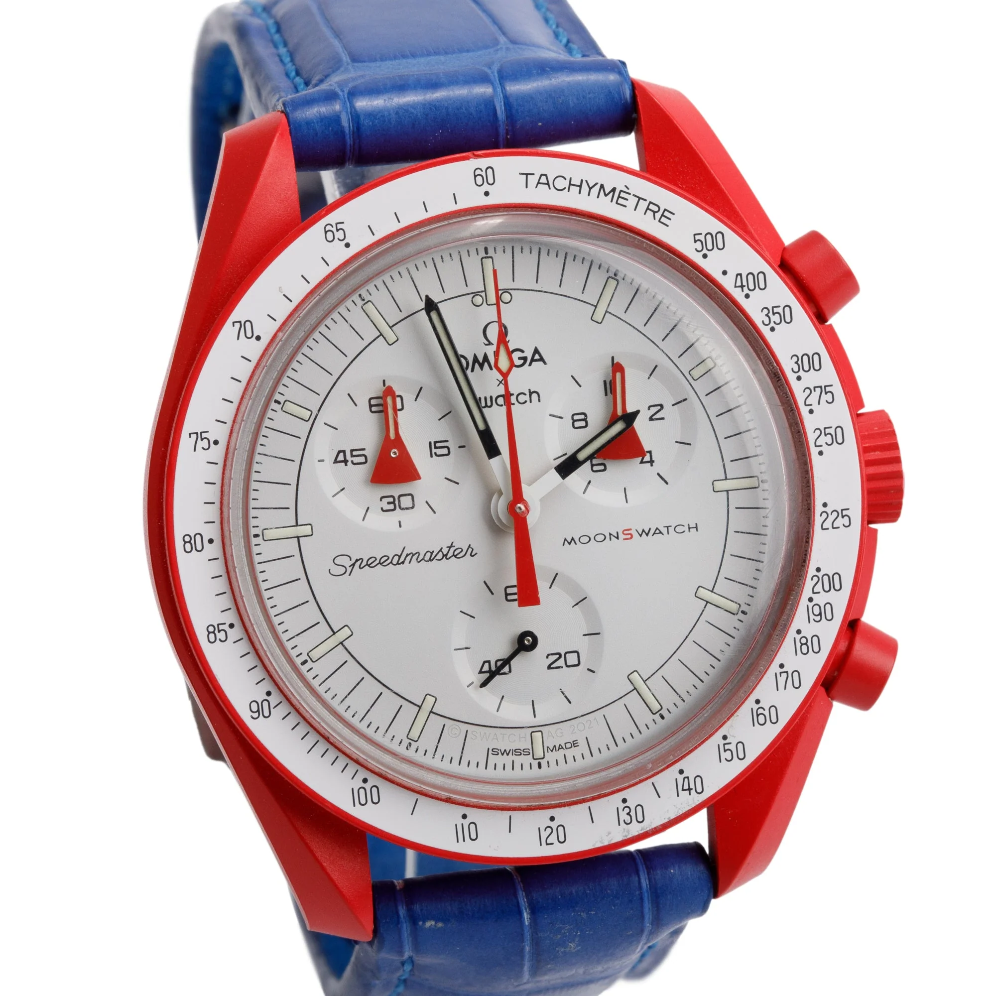 Omega X Swatch Bioceramic Mission to Mars MoonSwatch on Leather Strap w/ Box, Papers & Extra Strap - Image 3