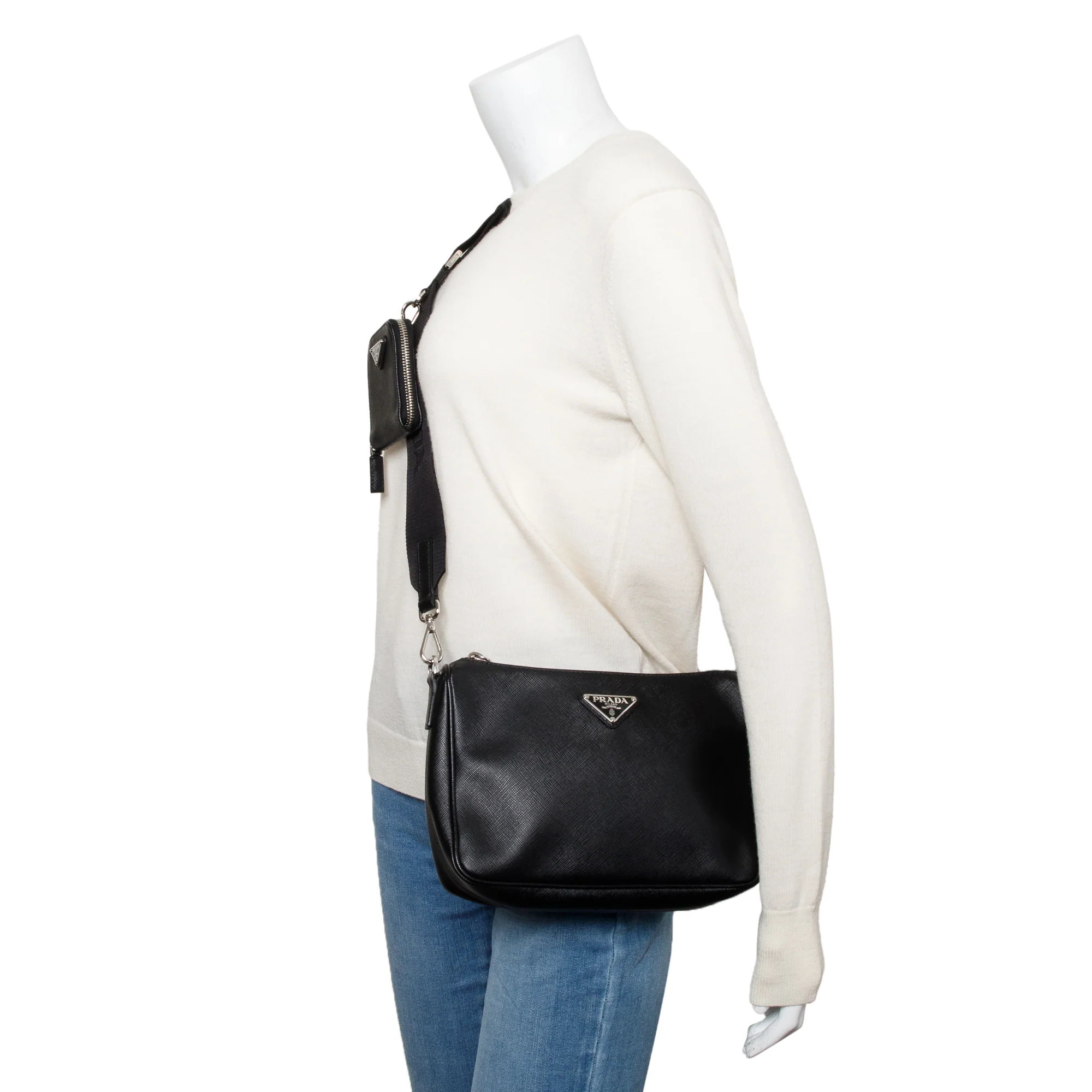 Prada 2020 Black Saffiano Travel Pocket Zippered Shoulder Bag w/ Authenticity Card - Image 2