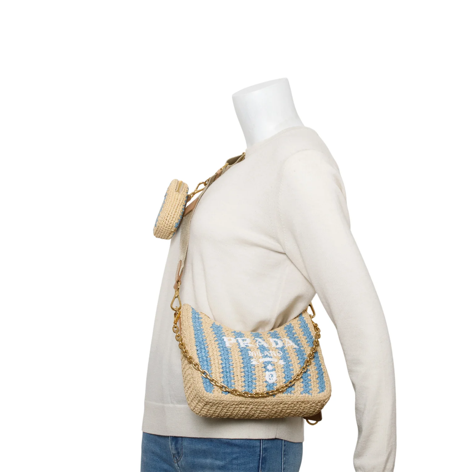 Prada Beige/Blue Raffia Re-Edition 2005 Shoulder Bag - Image 7