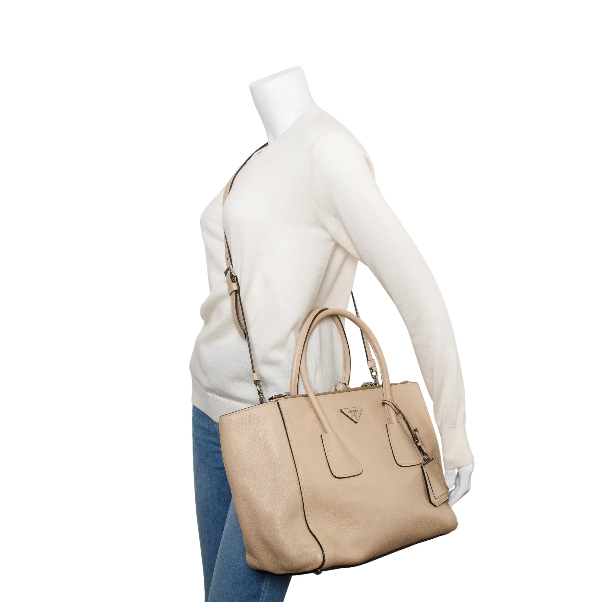 Prada Beige Cervo Medium Twin Pocket Tote w/ Strap & Authenticity Card - Image 2