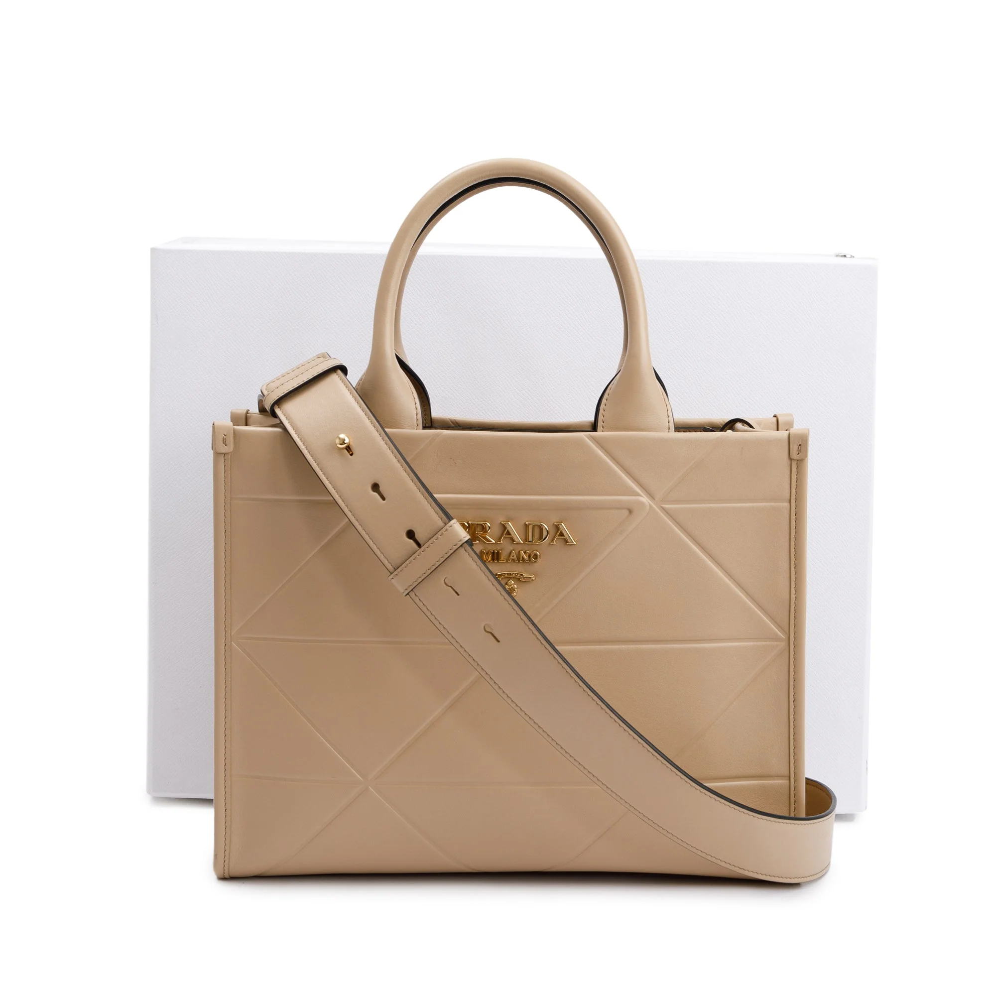 Prada Beige Leather Small Symbole Tote Bag w/ Strap & Box - Image 3