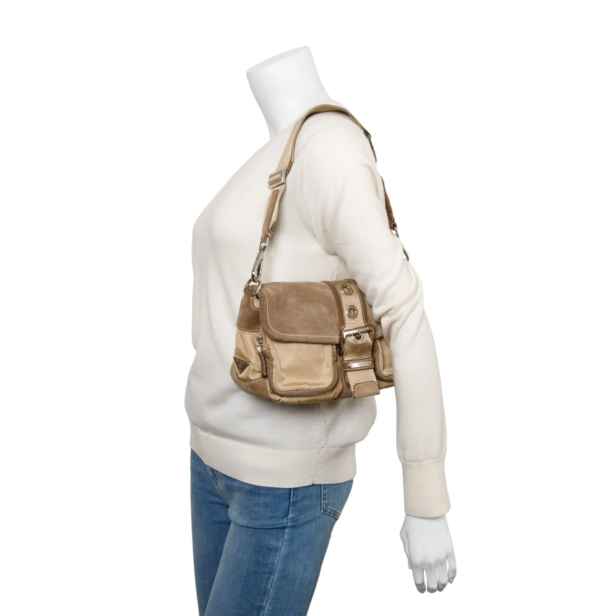 Prada Beige Suede Trim Nylon Buckle Flap Bag - Image 2