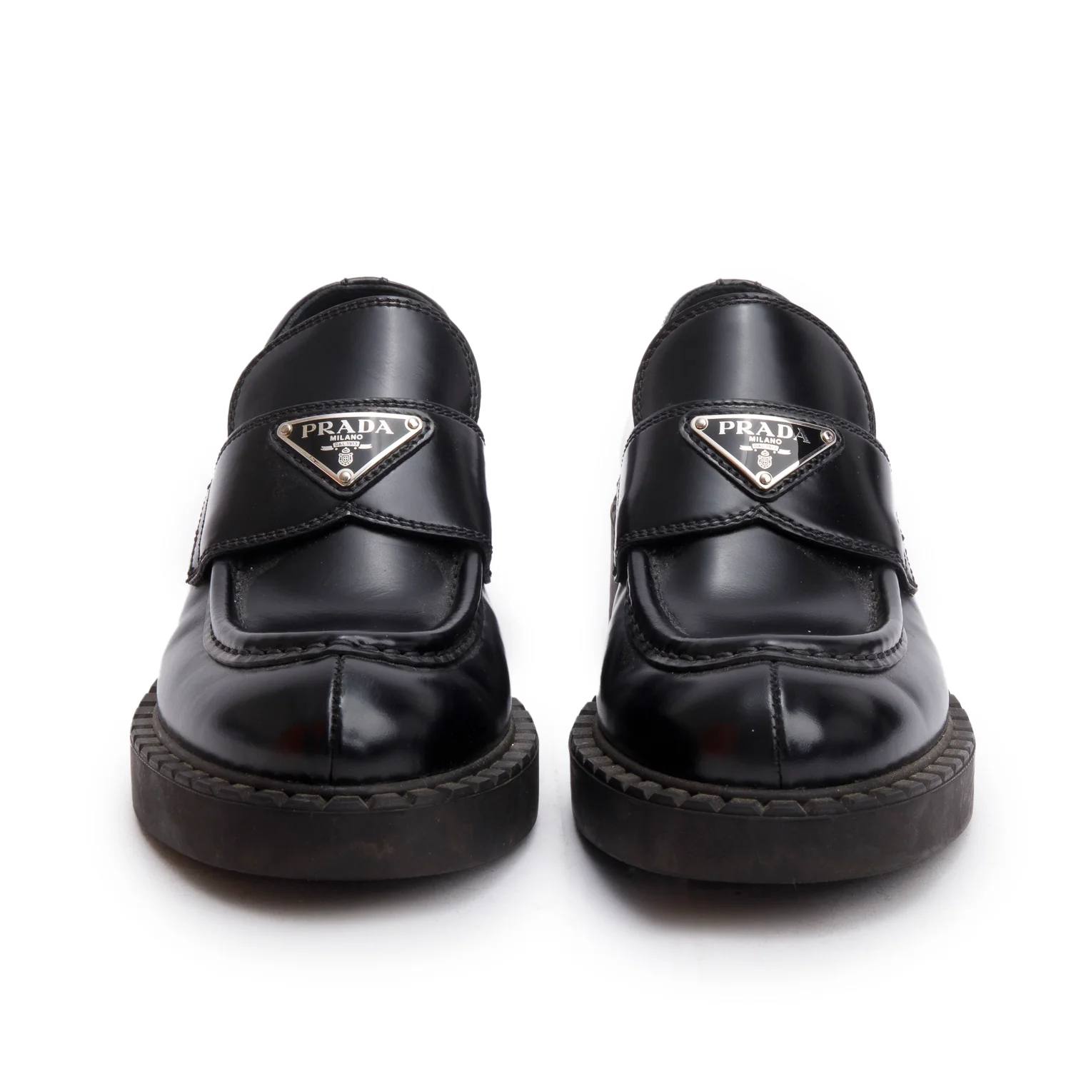 Prada Black Brushed Calfskin Leather Metal Triangle Logo Loafers w/ Box, Size 37 - Image 4