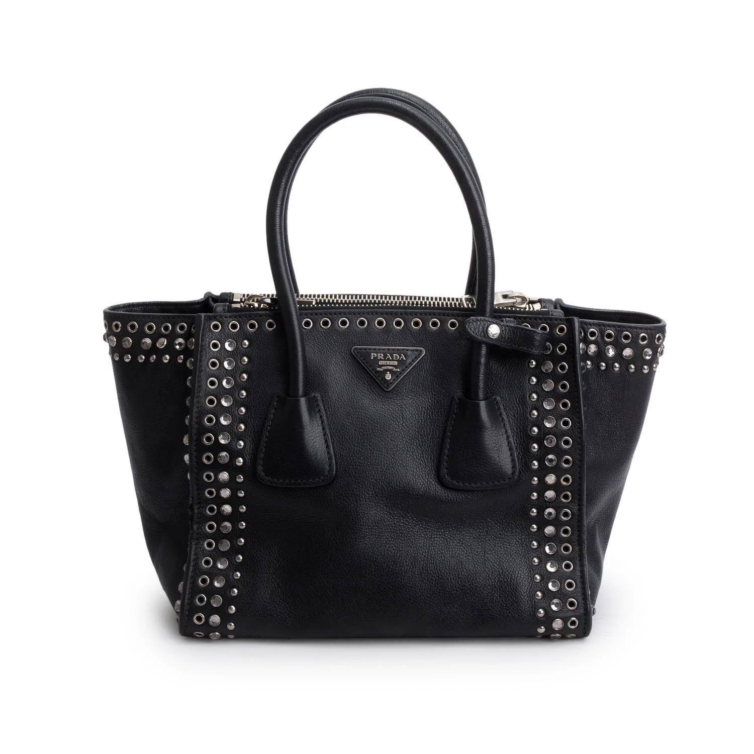 Prada Black Glace Calf Studded Twin Pocket Tote