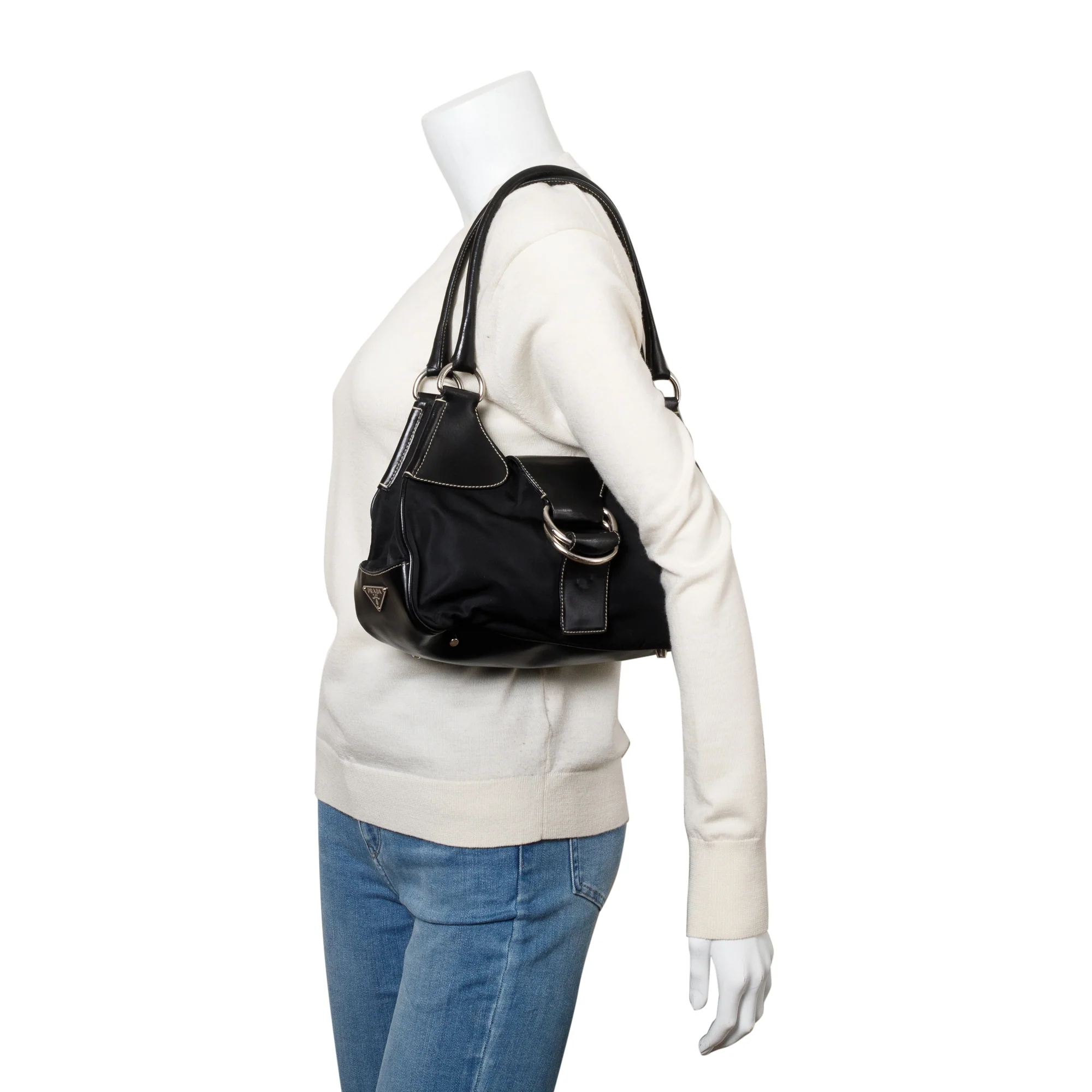 Prada Black Leather-Trimmed Tessuto Nylon Moon Bag - Image 2