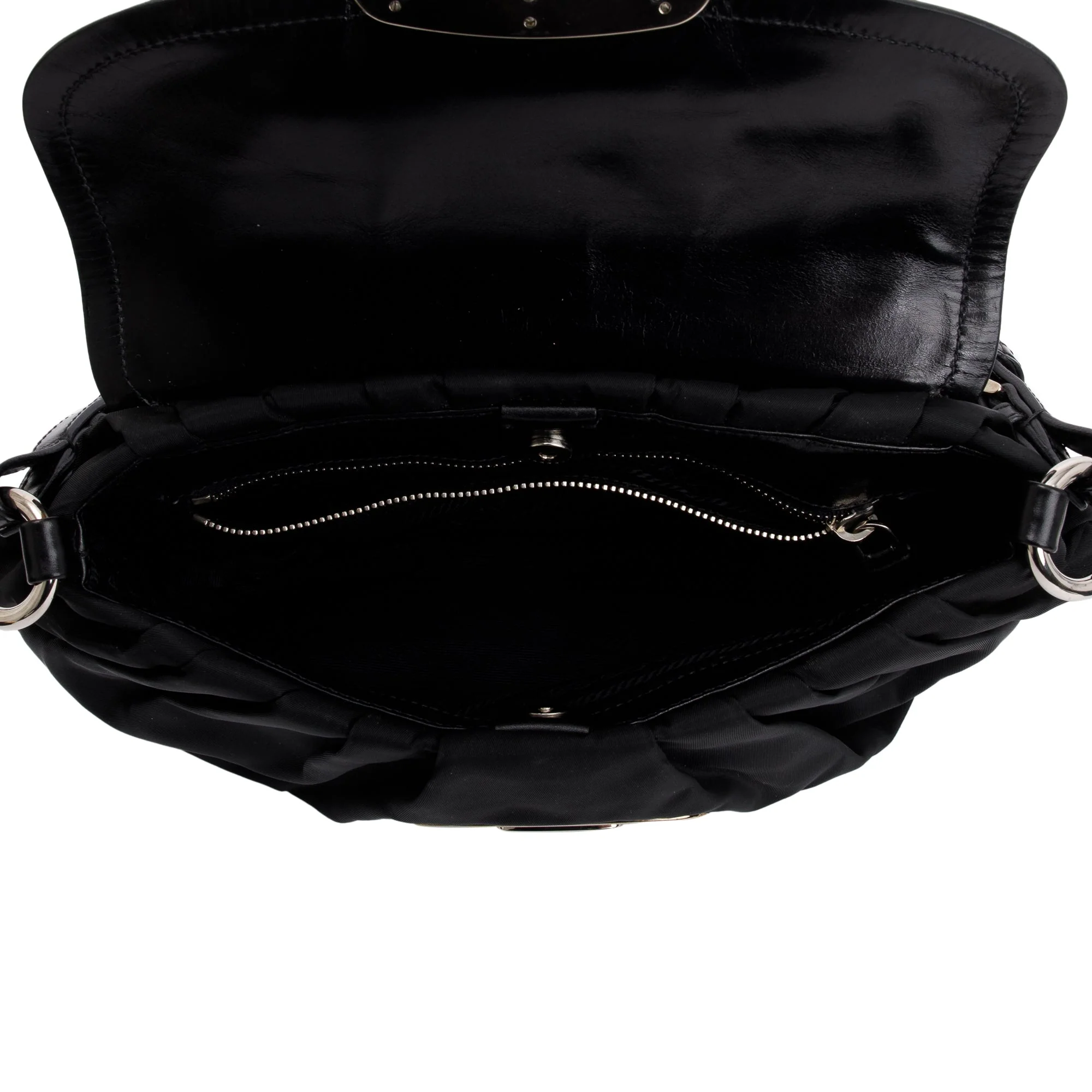 Prada Black Leather-Trimmed Tessuto Nylon Pushlock Flap Hobo Bag - Image 10